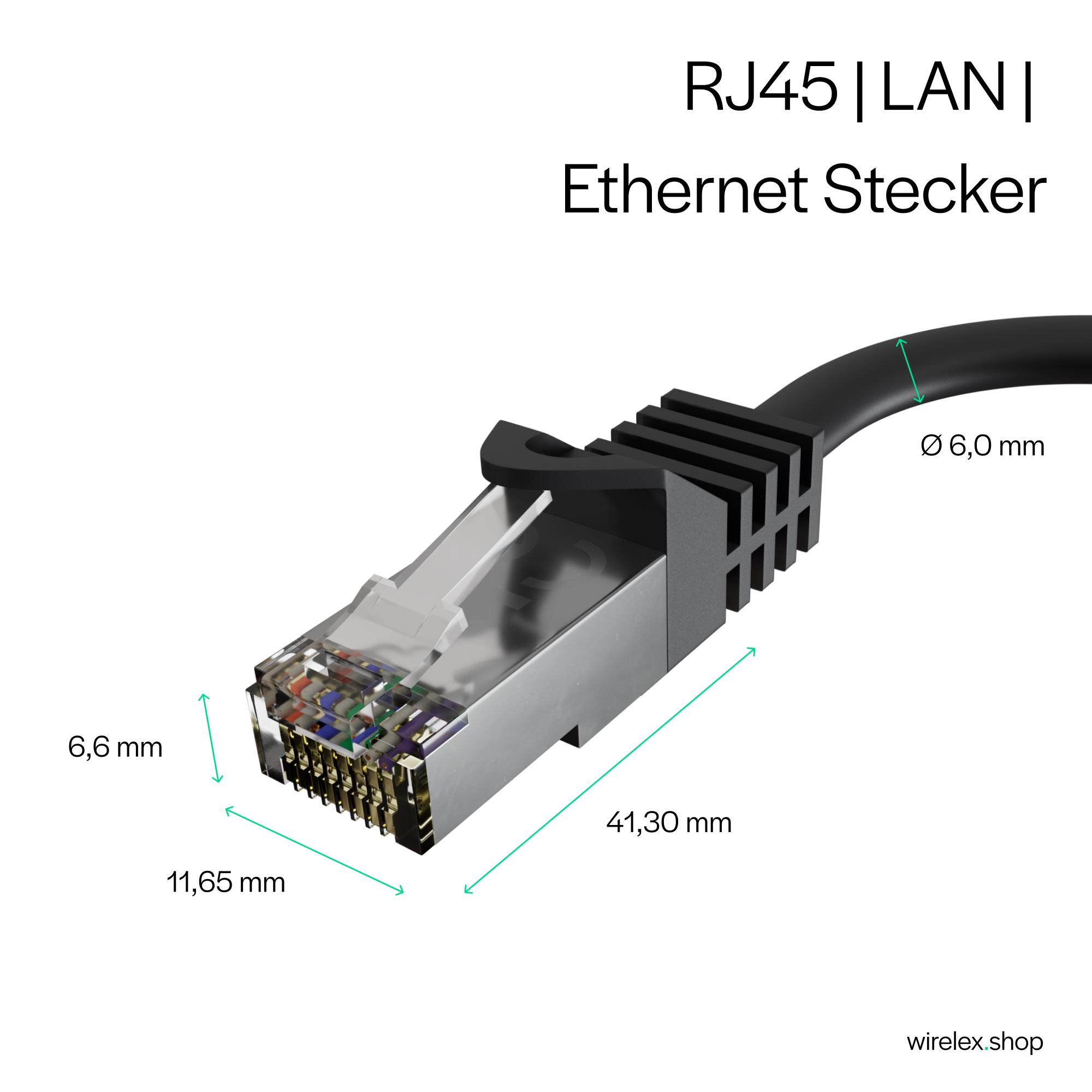 Nahaufnahme eines RJ45-Steckers mit Maßen, schwarzem Gehäuse und transparenten Elementen.