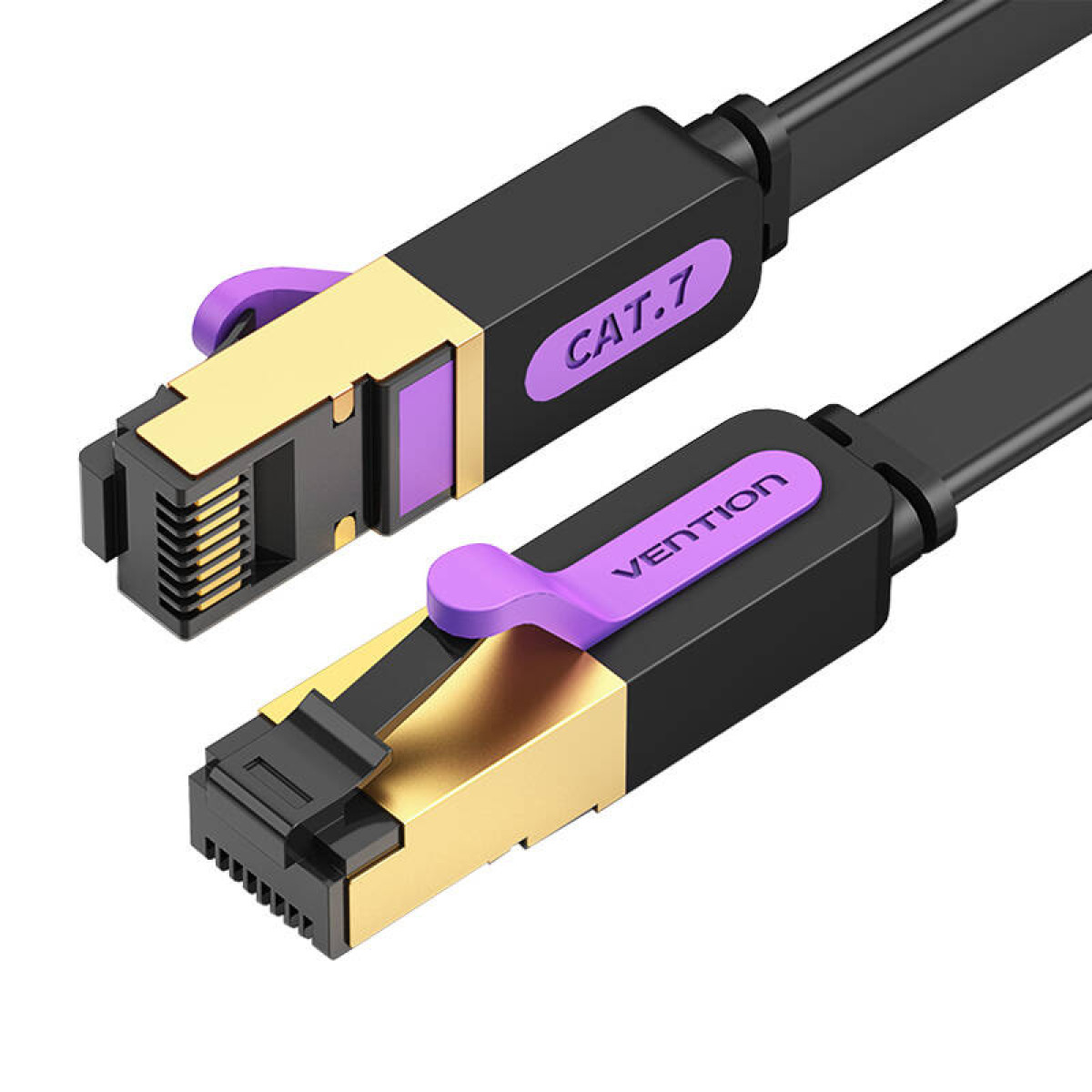 Dos cables de red negros con conectores dorados y morados. Un cable está etiquetado CAT.7, el otro VENTION.