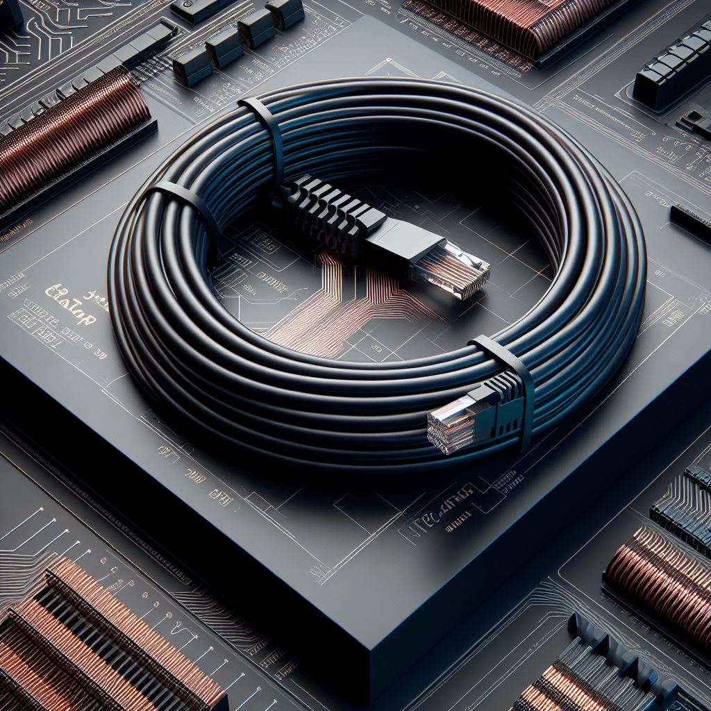 Zwinięty czarny kabel ethernetowy ze złączami na płytce drukowanej. Płytka ma obwody miedziane.