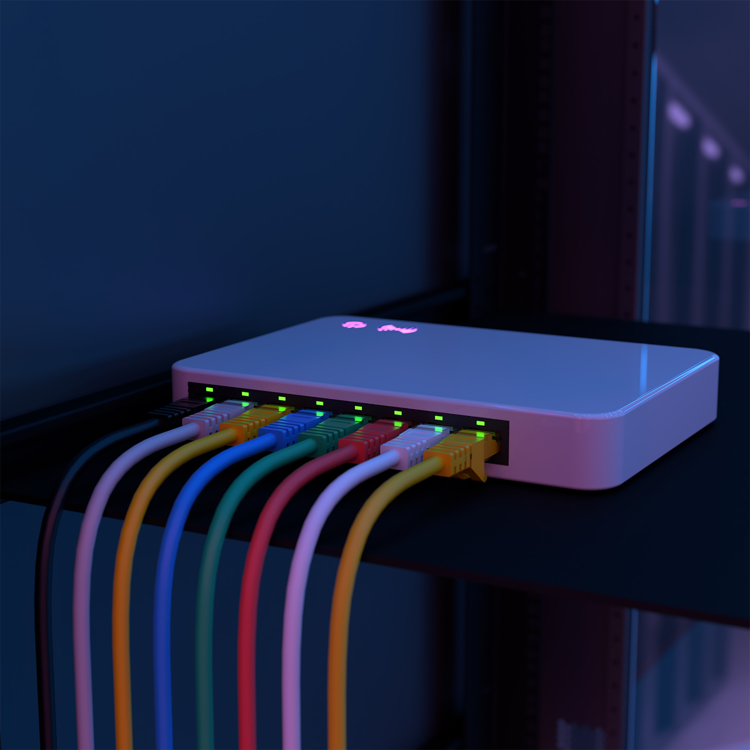Un router bianco collegato a più cavi Ethernet colorati in un ambiente scuro.