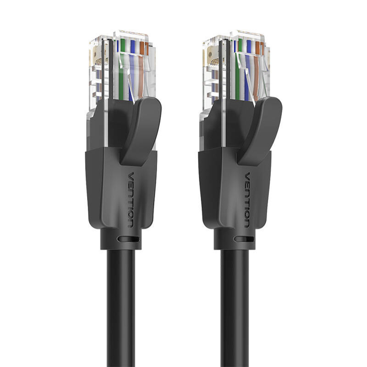 Twee netwerkkabels met connectoren, merk Vention, op een witte achtergrond.