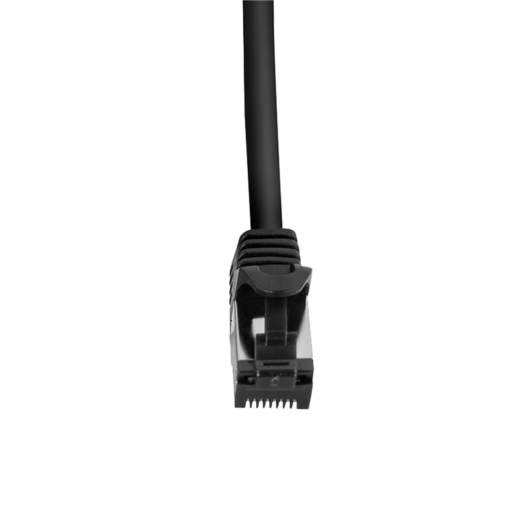 Cavo di rete nero con connettore a destra, su sfondo bianco.