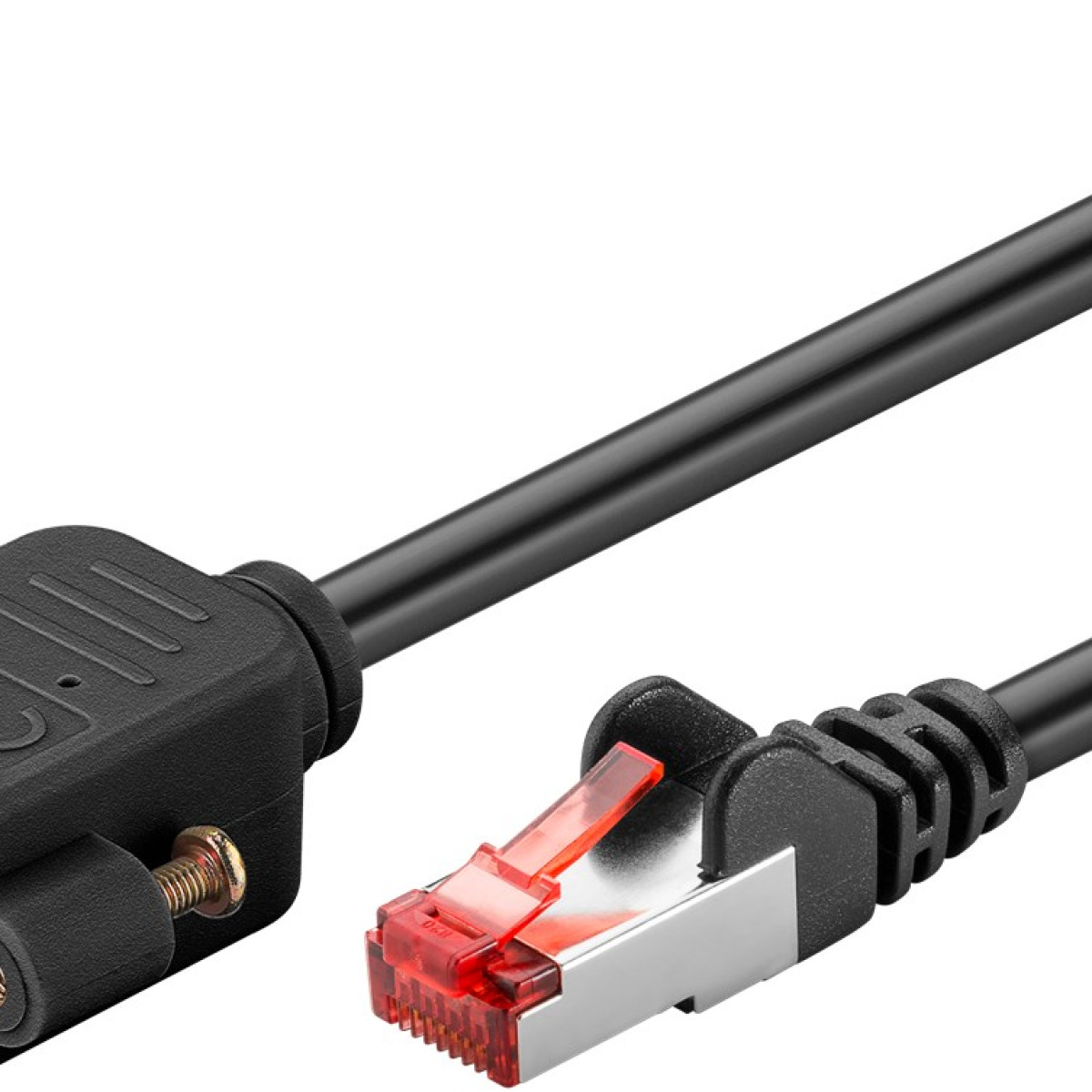 Primo piano di un cavo Ethernet nero con connettore rosso su sfondo bianco.