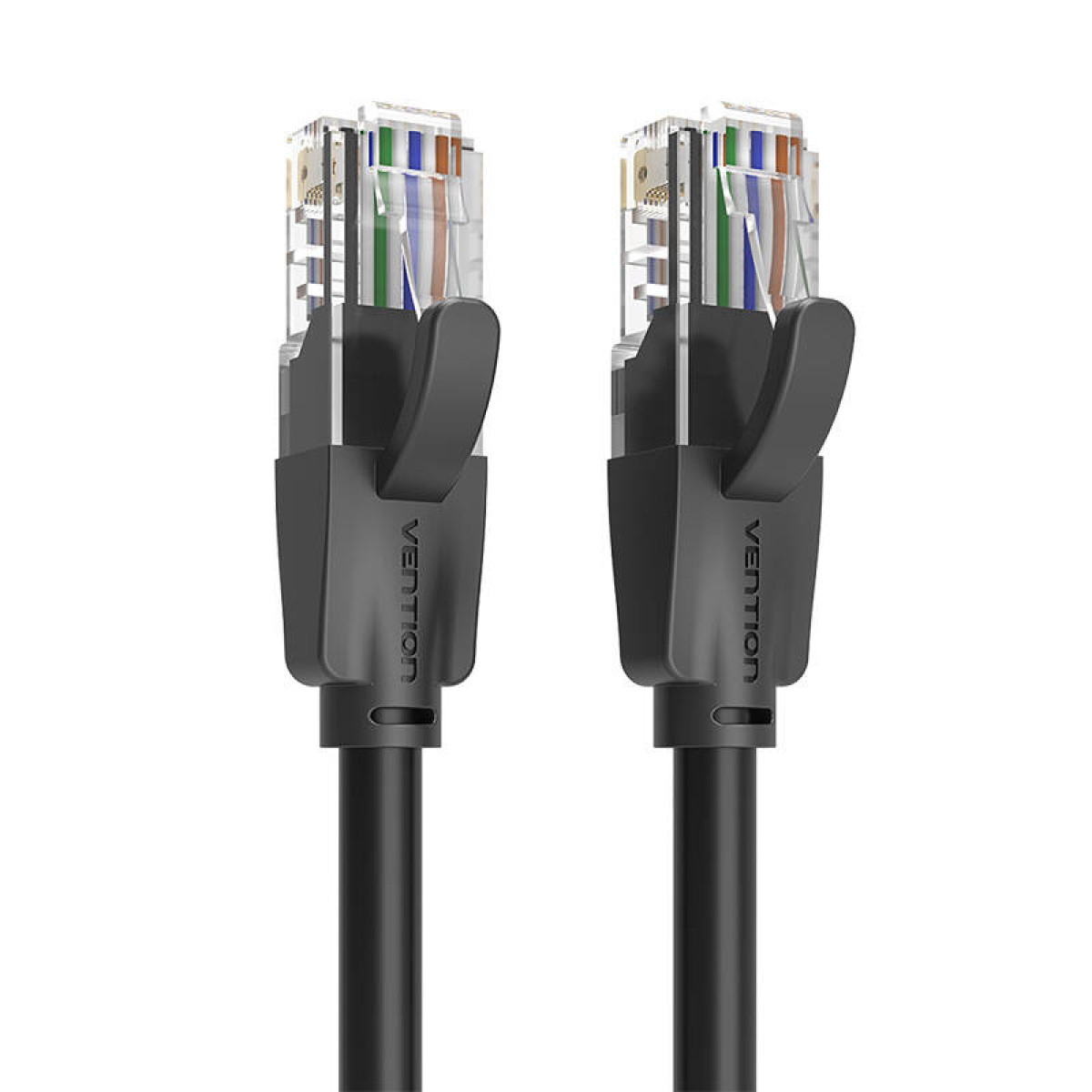 Due cavi Ethernet neri, connettori trasparenti, logo Vention nero, sfondo bianco.