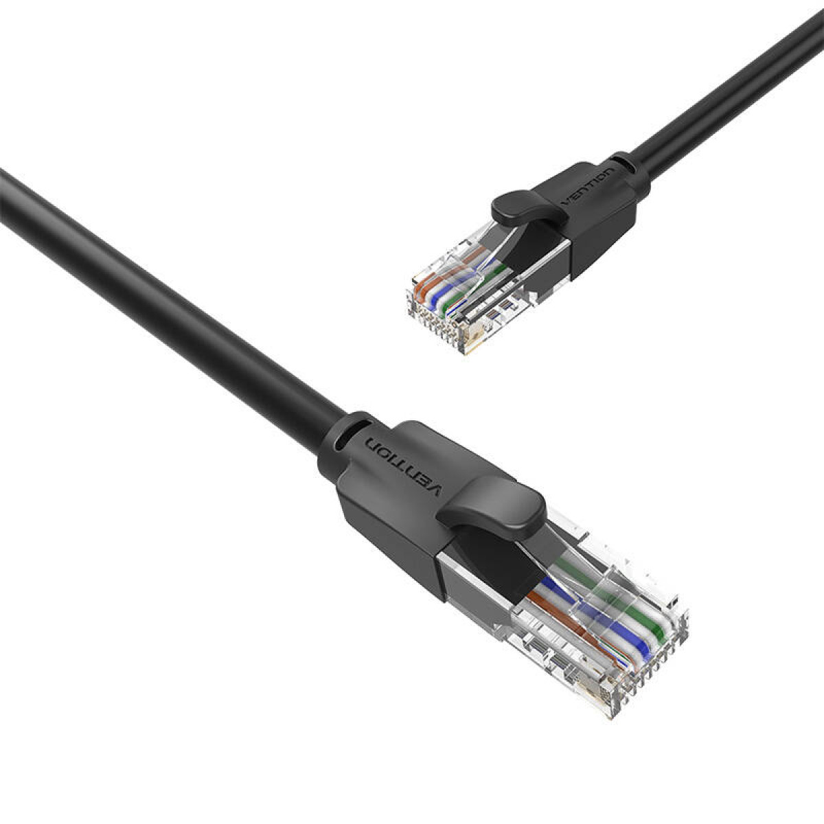 Cavo Ethernet nero con connettore trasparente e logo Vention.