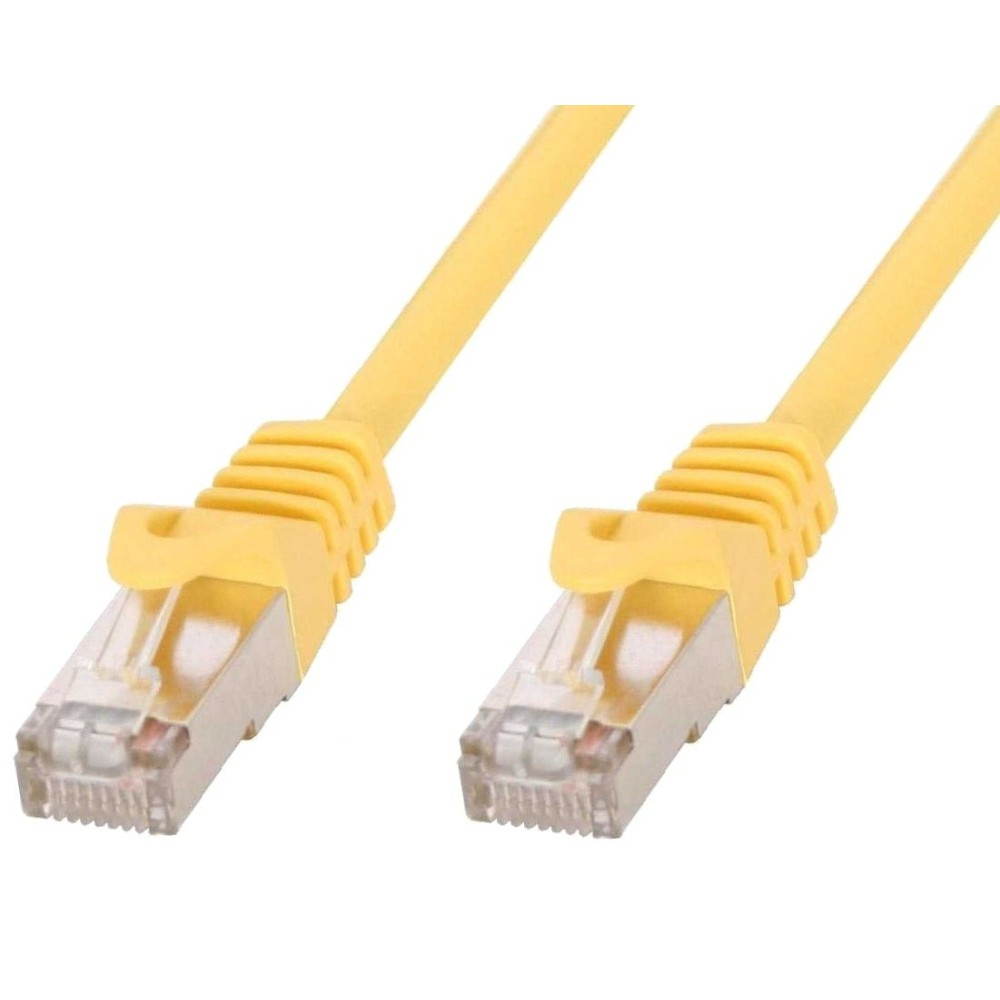 Cavo di rete giallo con due connettori. Posto su sfondo bianco.