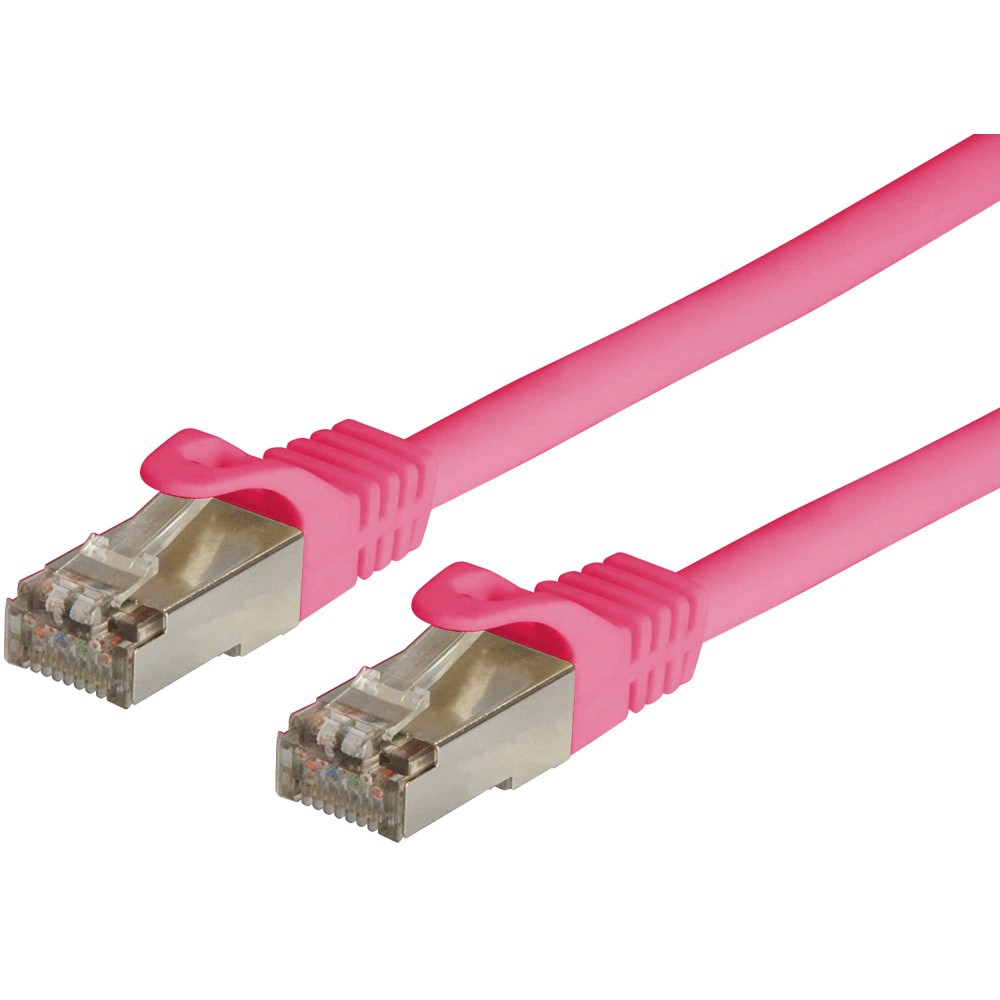 Due cavi RJ45 rosa con connettori. Parti metalliche, clip trasparenti. Sfondo bianco.