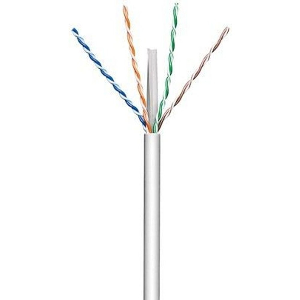 Cavo di rete con fili colorati esposti, bianco. Sfondo bianco.