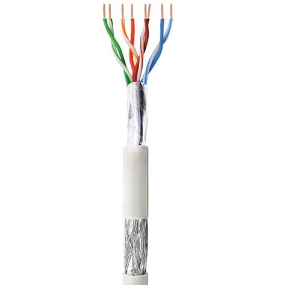 Cavo di rete sezionato che mostra fili colorati. Lo sfondo è bianco.