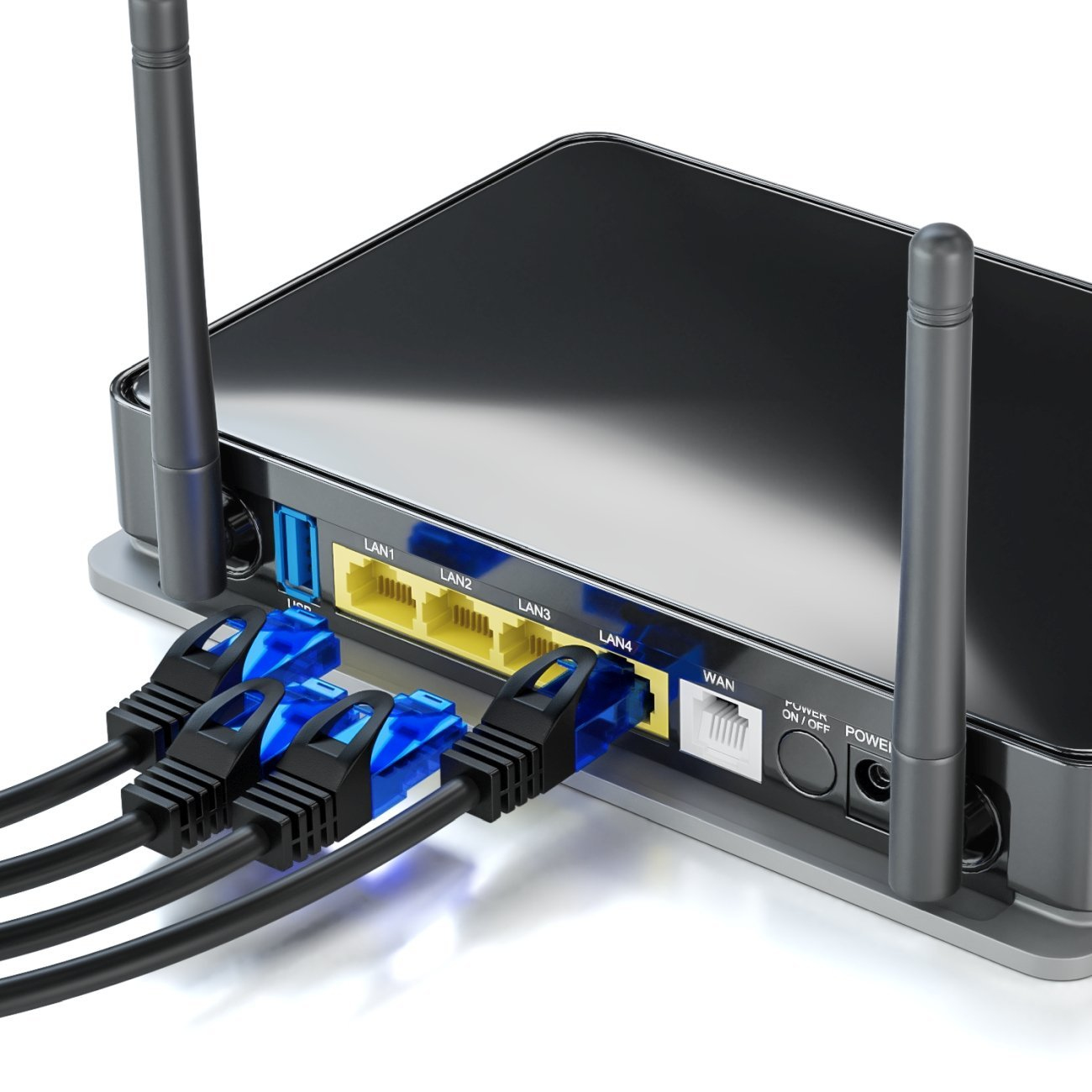 Ein Router mit angeschlossenen Ethernet-Kabeln, der Anschlüsse und Knöpfe zeigt.