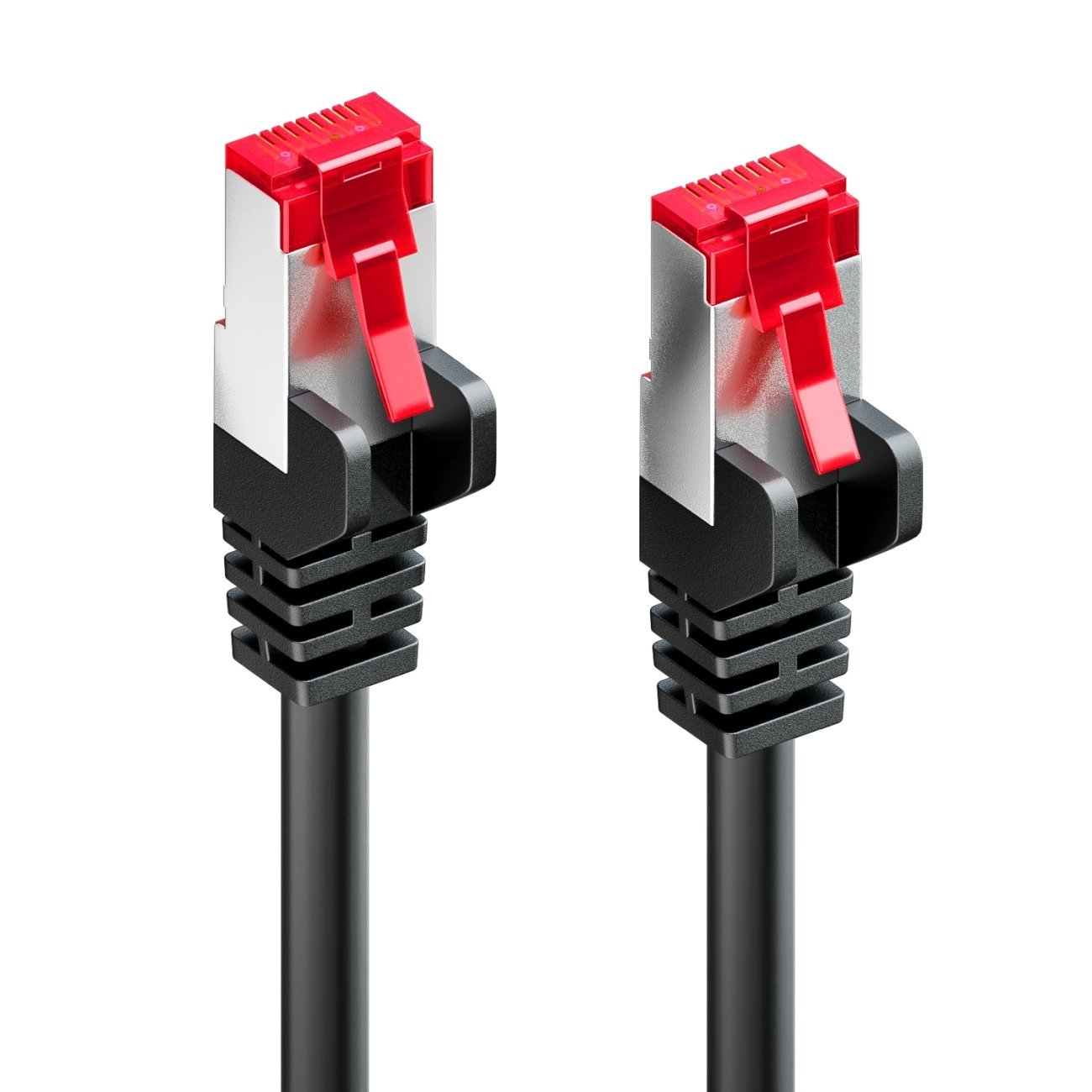 Zwei schwarze Netzwerkkabel mit roten Steckern. Stecker sind nah dran.