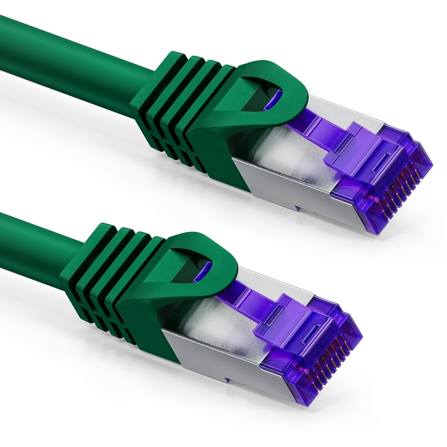 Zwei grüne Ethernet-Kabel mit lila Steckern.