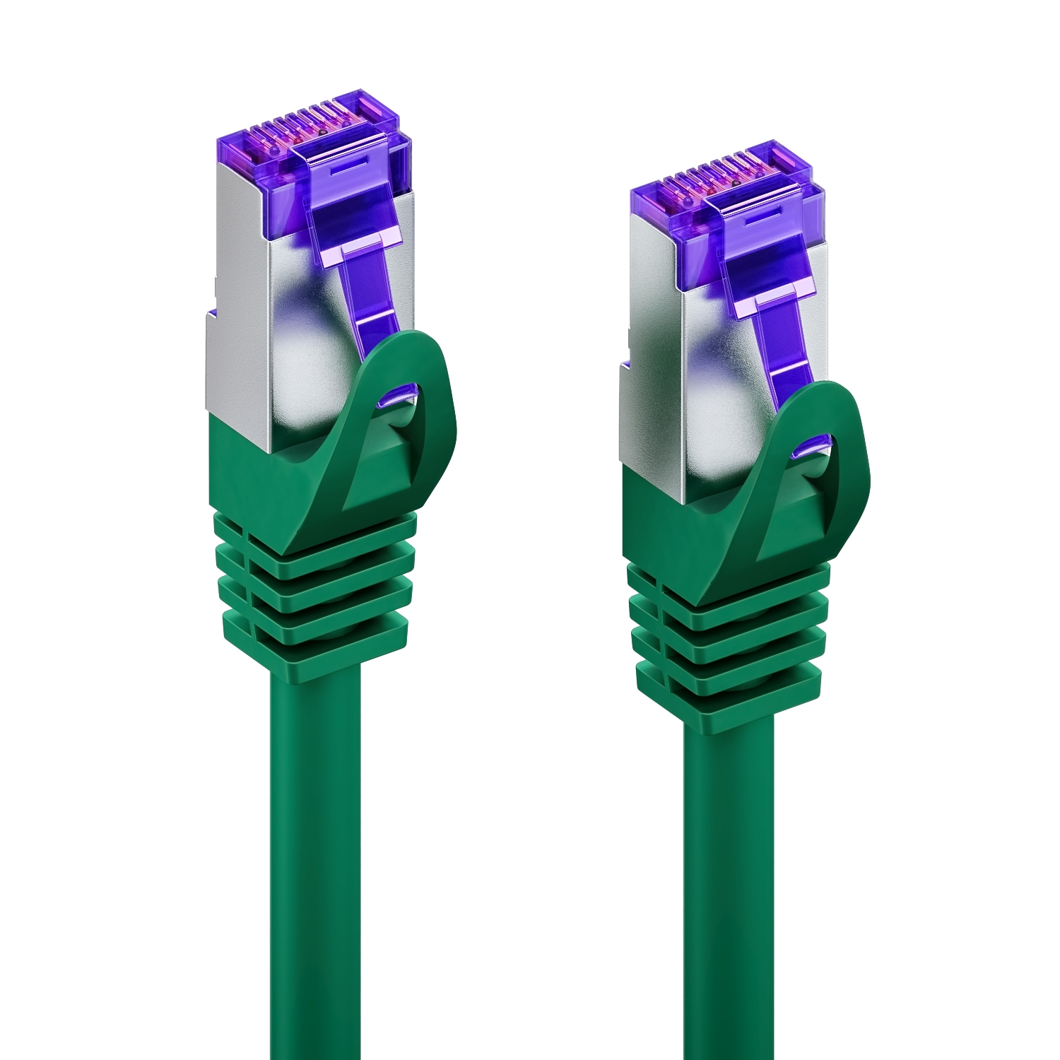 Zwei grüne Ethernet-Kabel mit lila Steckern.
