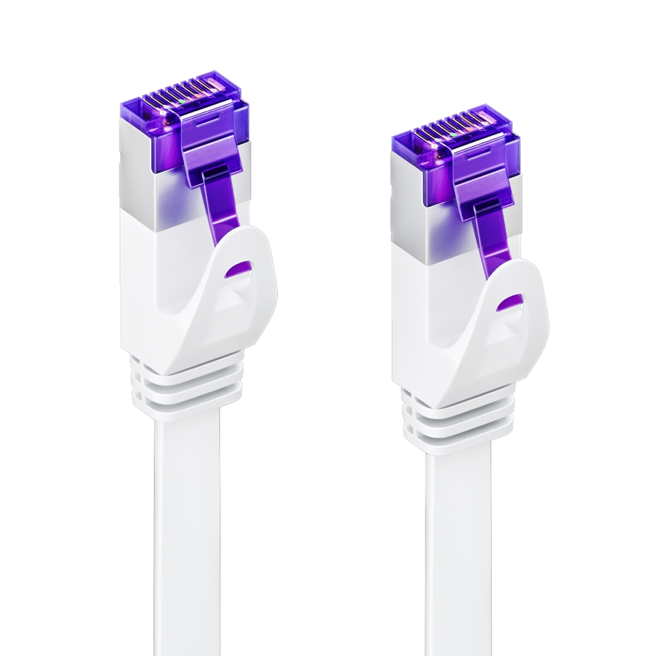 Due cavi Ethernet bianchi con connettori viola su sfondo bianco.