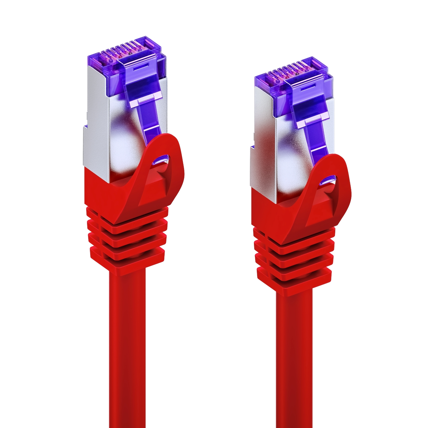 Zwei rote Ethernet-Kabel mit silbernen und lila Steckern auf weißem Hintergrund.