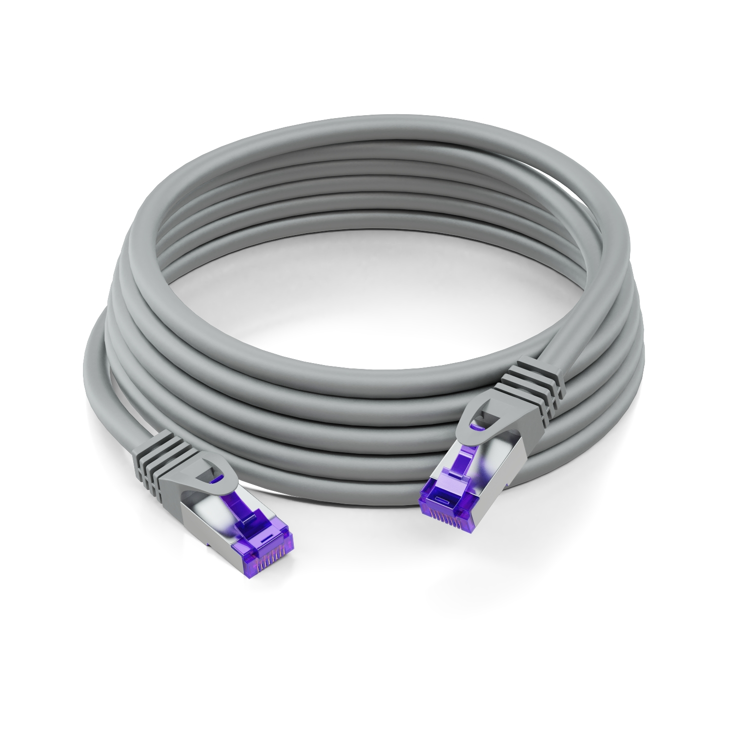 Graues Ethernet-Kabel mit lila Steckern, aufgerollt. Weißer Hintergrund. Draufsicht.