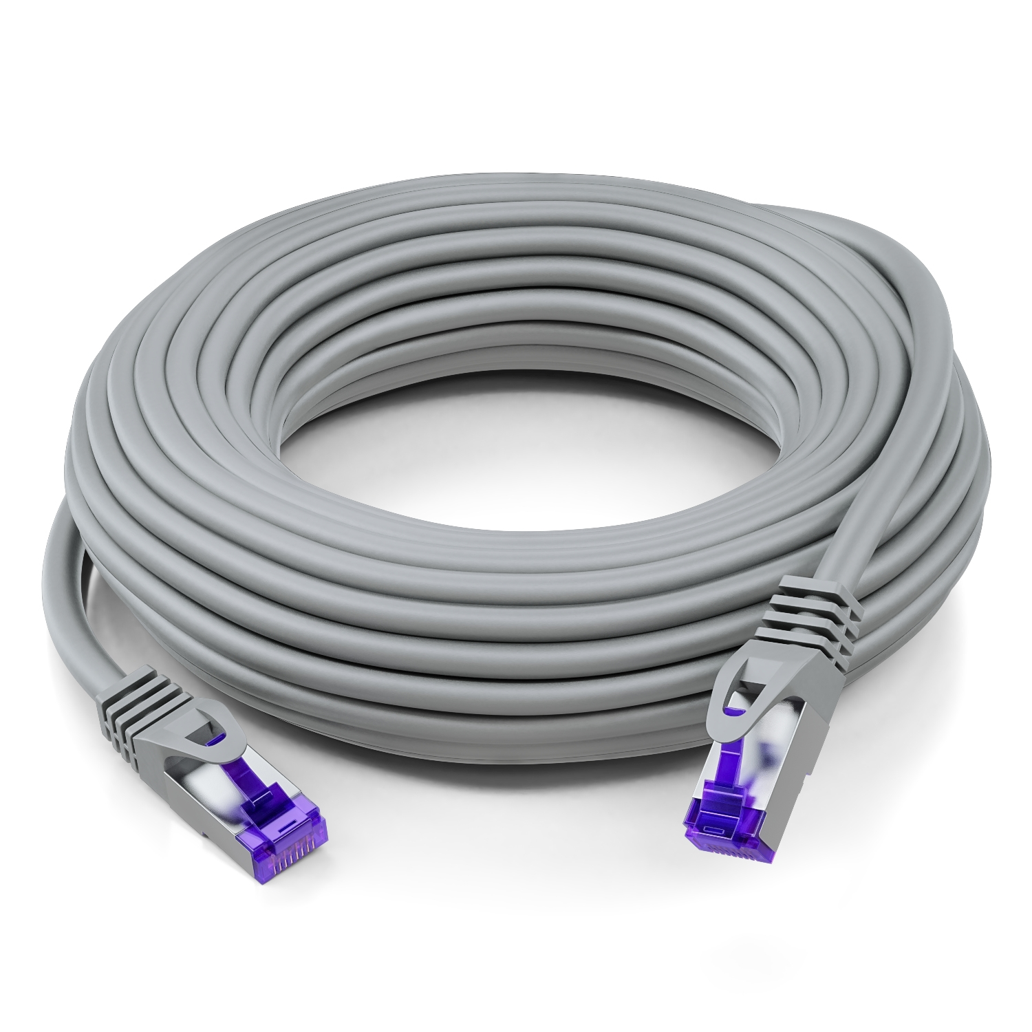 Graues Ethernet-Kabel mit lila Steckern, aufgerollt. Weißer Hintergrund. Draufsicht.