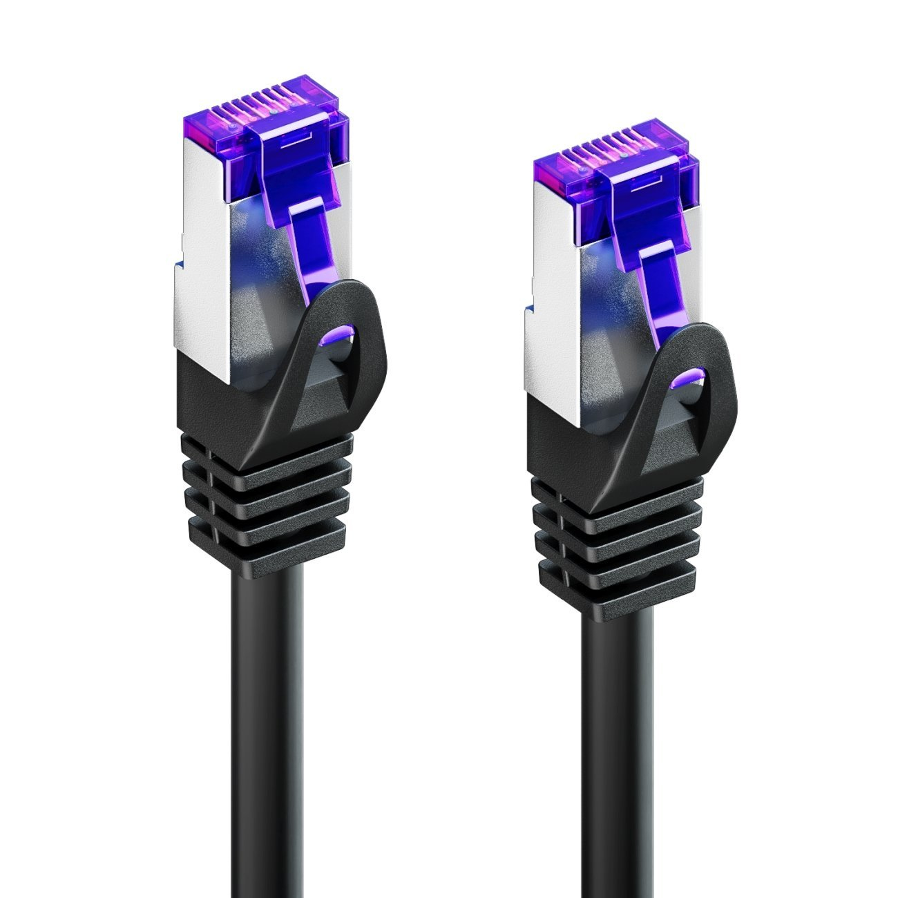 Zwei schwarze Ethernet-Kabel mit lila Steckern, vor weißem Hintergrund.