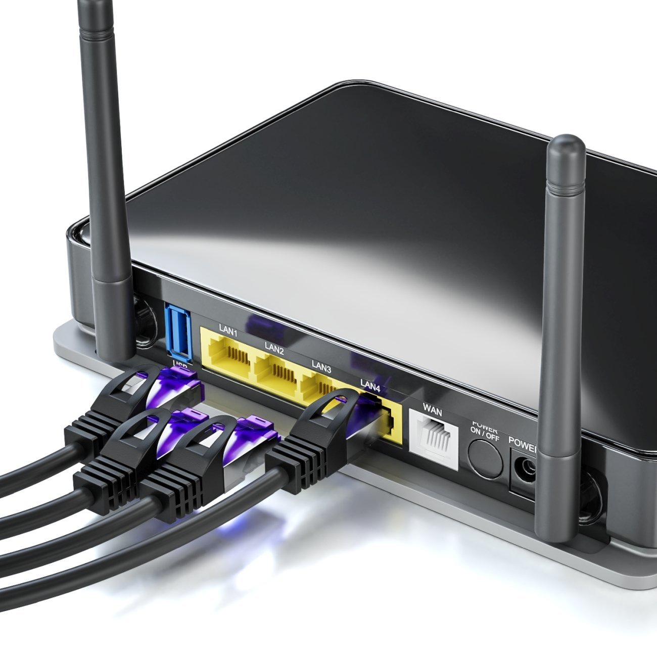 Ein Router mit eingesteckten Kabeln; schwarzes Gerät mit Antennen, weißer Hintergrund.
