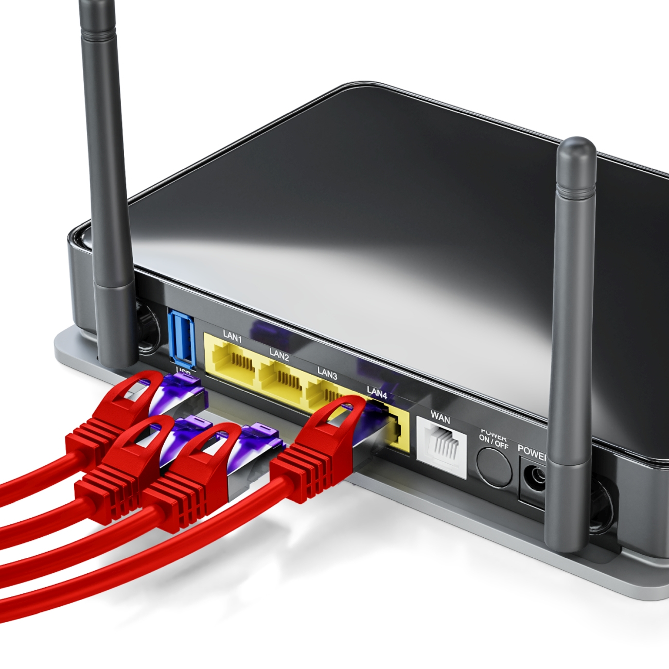 Router mit roten Ethernet-Kabeln. LAN-Anschlüsse sind gelb.