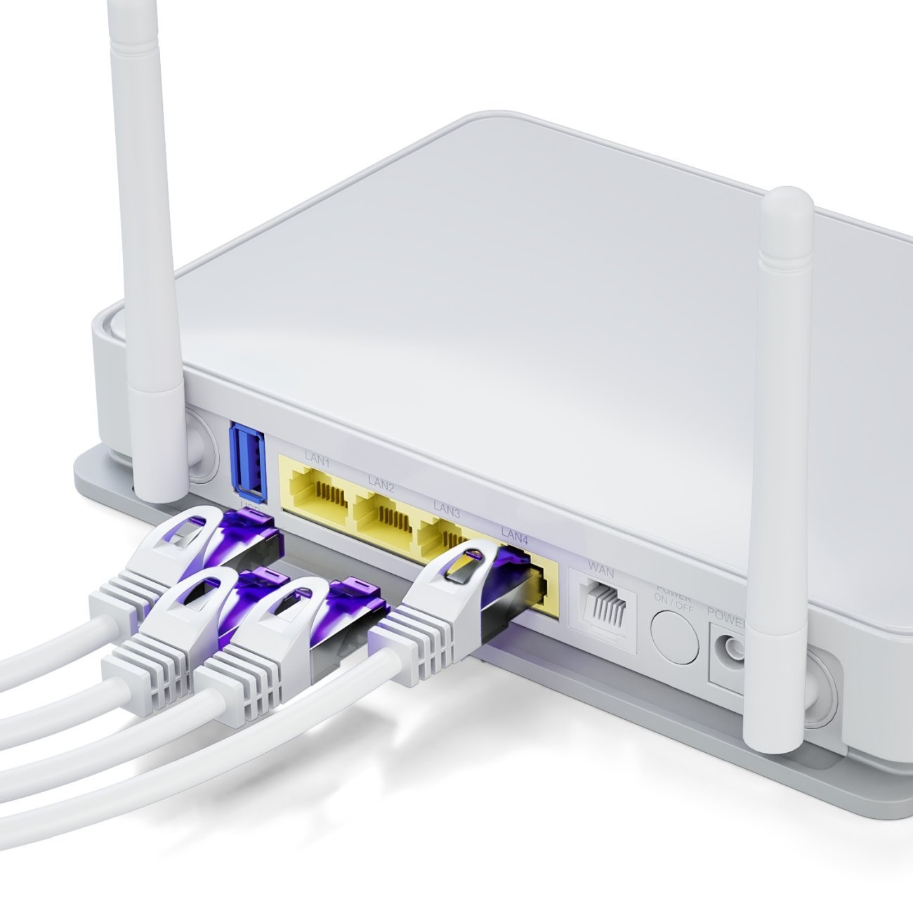 Ein weißer Router mit vier eingesteckten Netzwerkkabeln. Die Kabel haben violette Stecker.