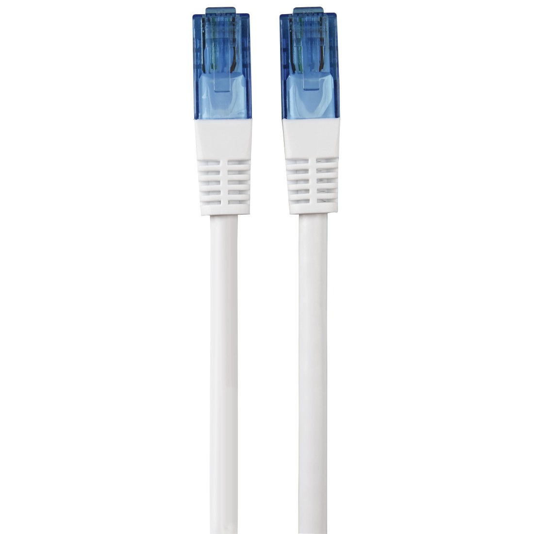 Due cavi di rete bianchi, ciascuno con un connettore blu. I connettori sono allineati.