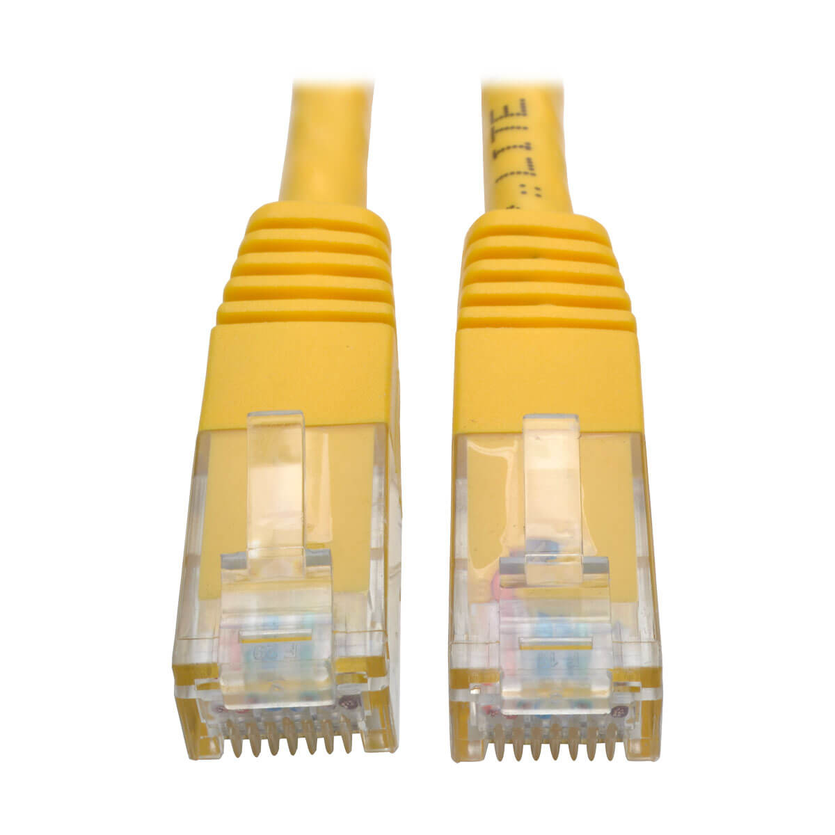 Due cavi Ethernet gialli con connettori. Sfondo bianco.