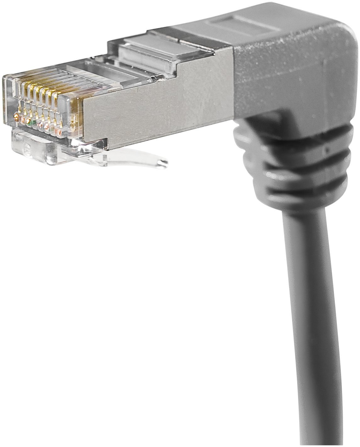 Connettore Ethernet grigio angolato a destra, con sfondo bianco.