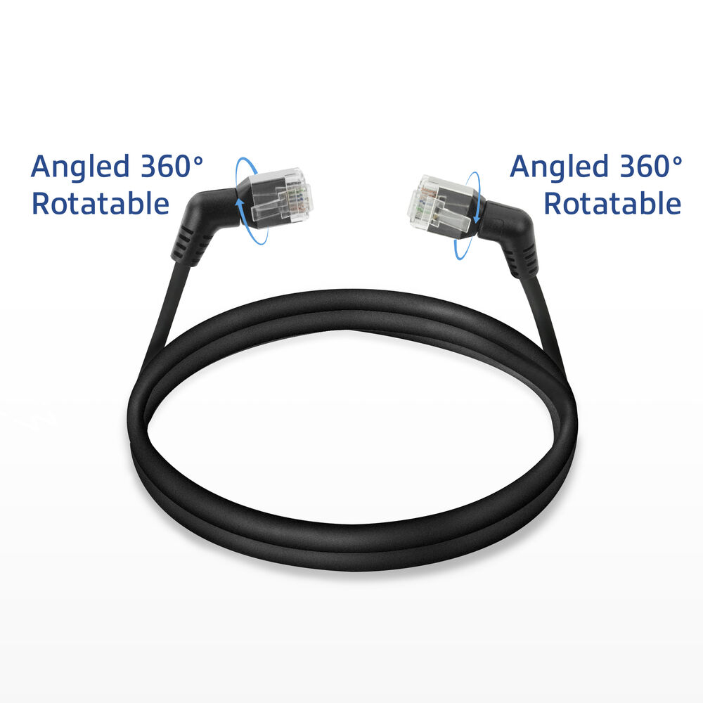 Czarny kabel Ethernet ze złączami kątowymi i obrotowymi. Tekst: 'Angled 360° Rotatable'.