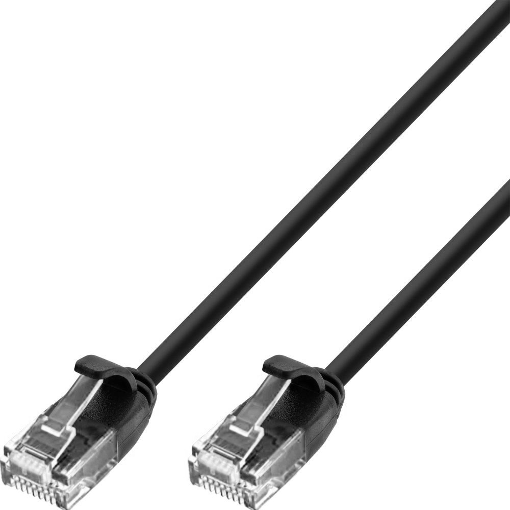 Due connettori per cavi Ethernet neri, primo piano, isolati su bianco.