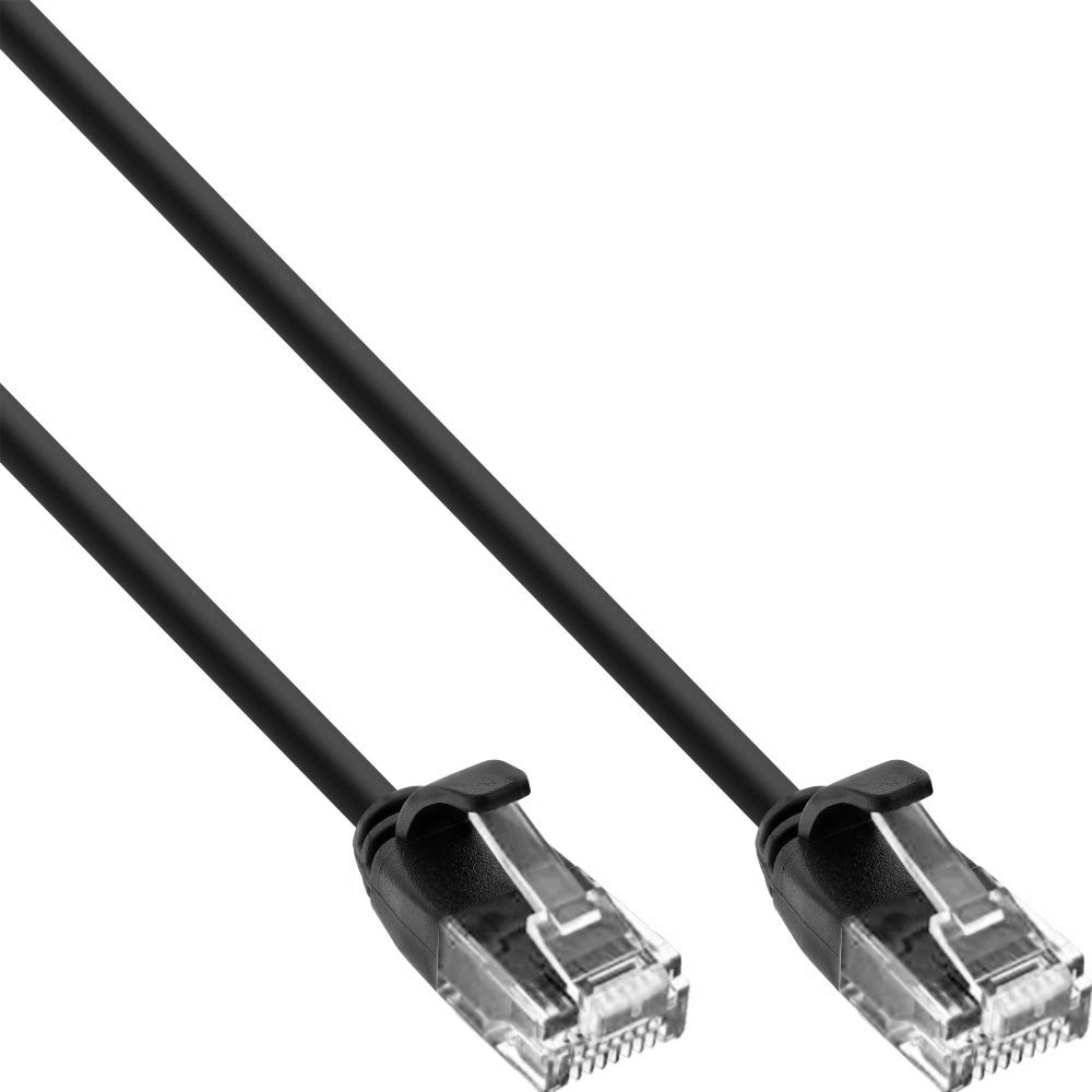 Due cavi di rete neri con connettori trasparenti, sfondo bianco. Cavi paralleli.