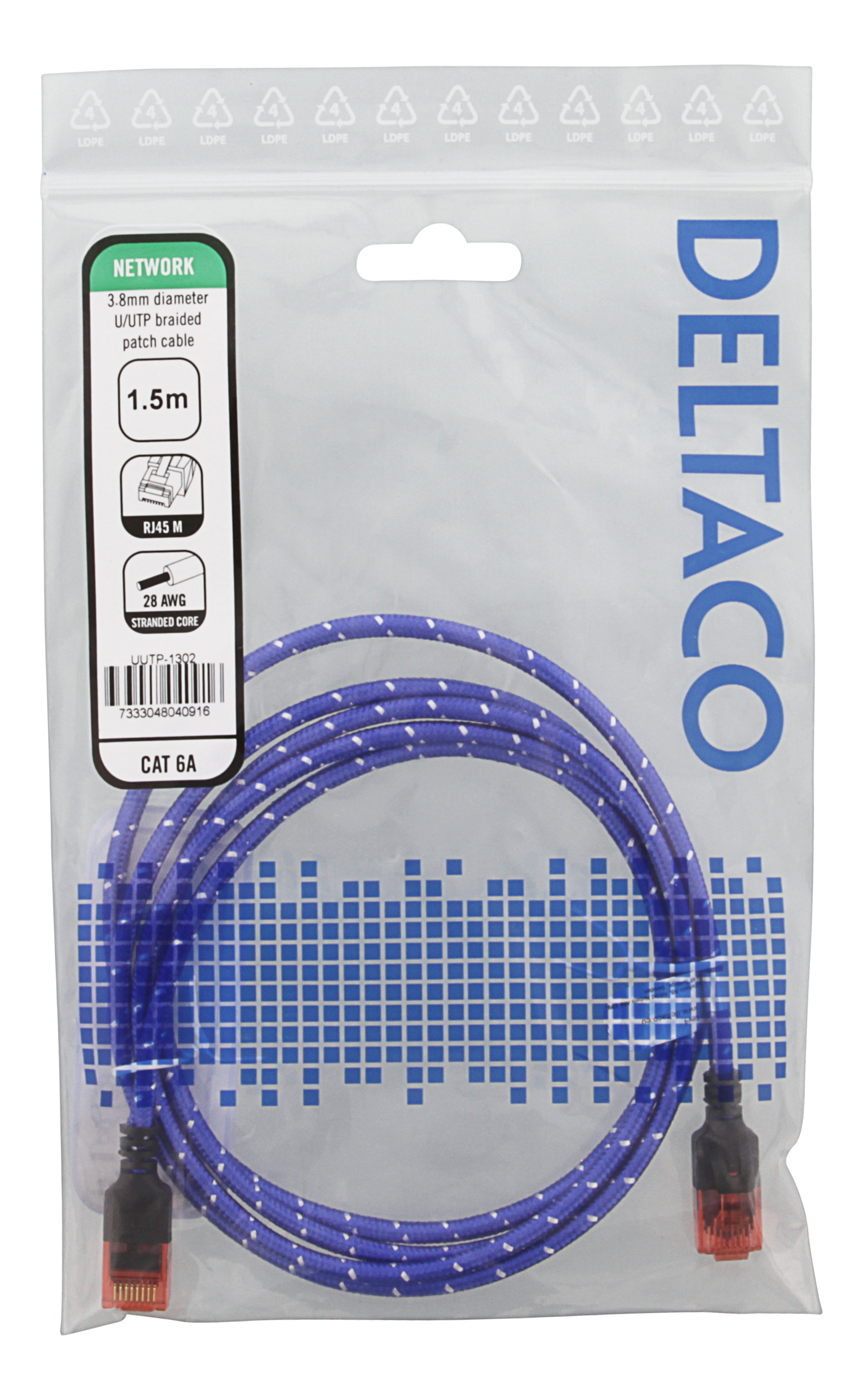 Cavo ethernet blu in una busta. Il cavo ha un motivo bianco e connettori rossi.