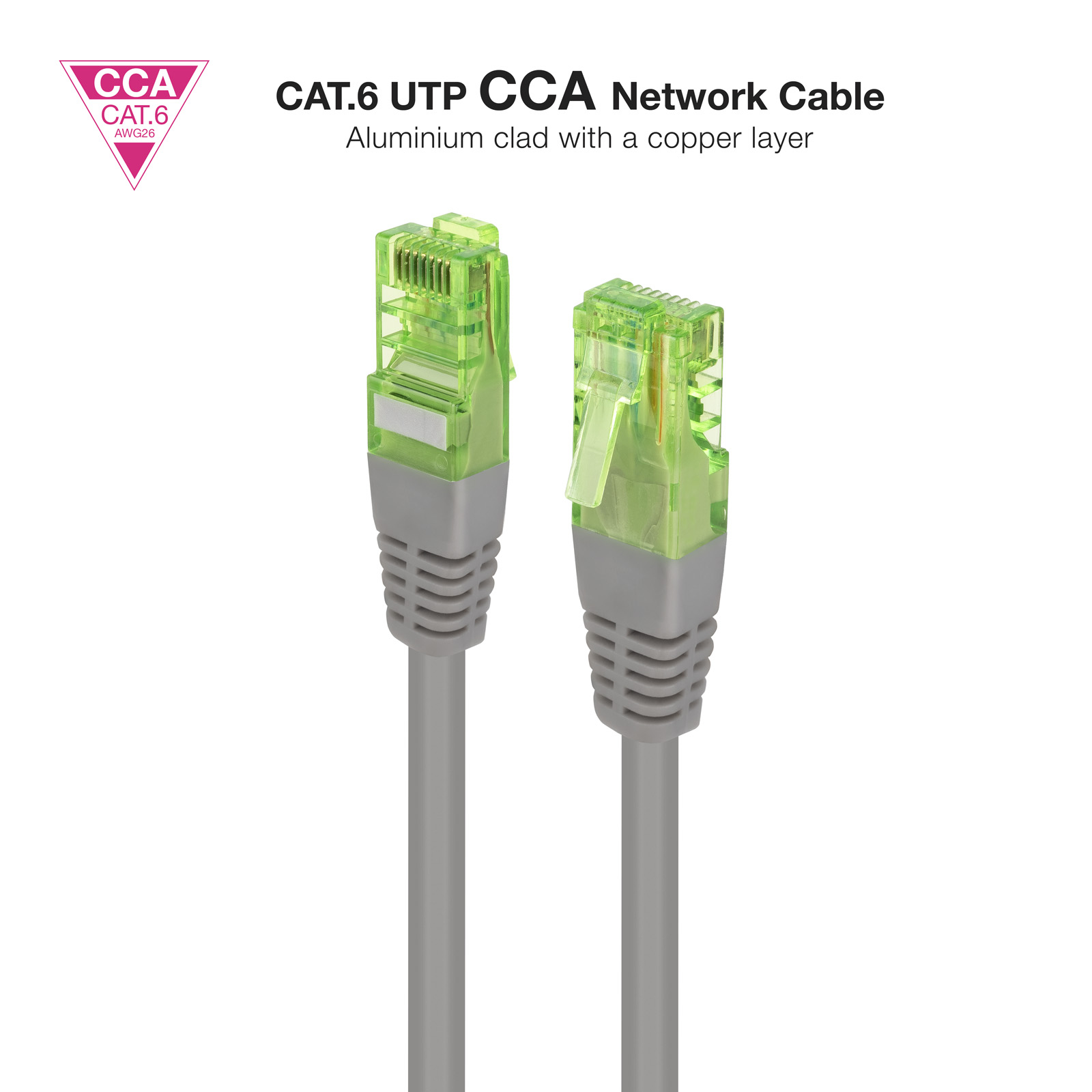 Due cavi ethernet grigi con connettori verdi. I cavi sono su sfondo bianco.