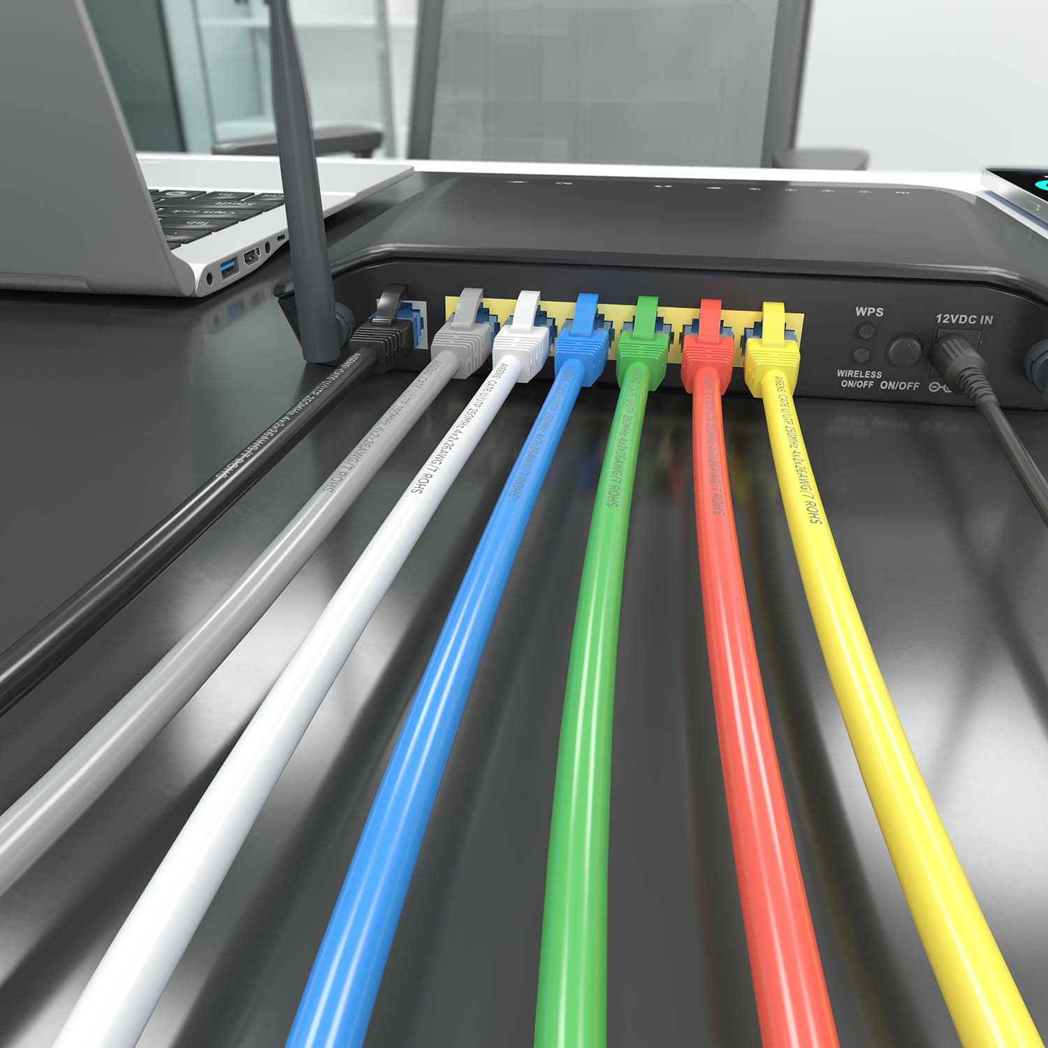 Un router con varios cables de red enchufados. Los cables son de varios colores.