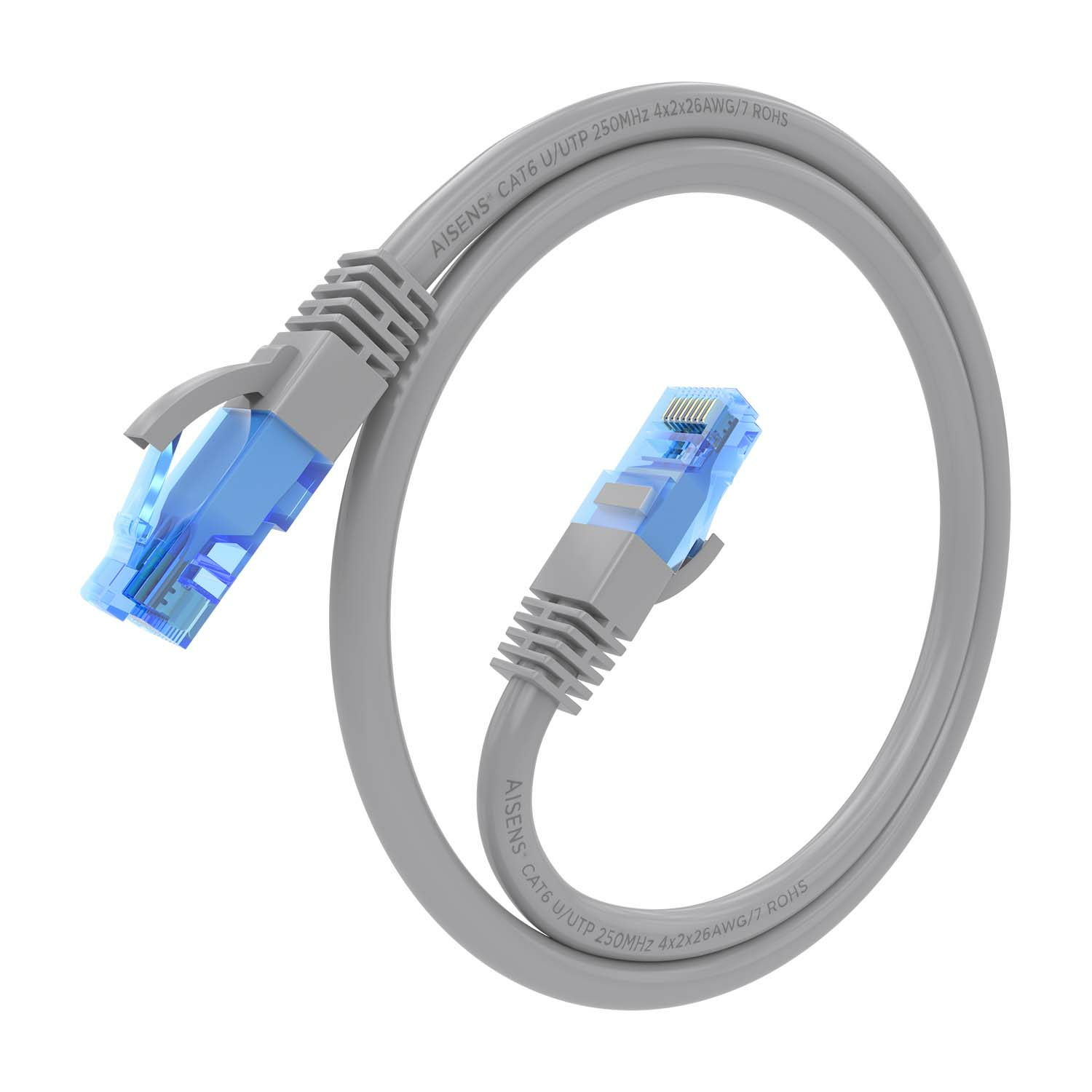 Cavo di rete grigio con connettore trasparente su sfondo bianco.