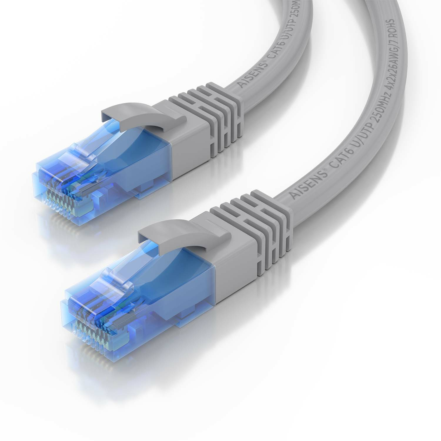 Twee grijze Ethernet-kabels met grijze connectoren. De connectoren hebben heldere, zilverkleurige uiteinden.