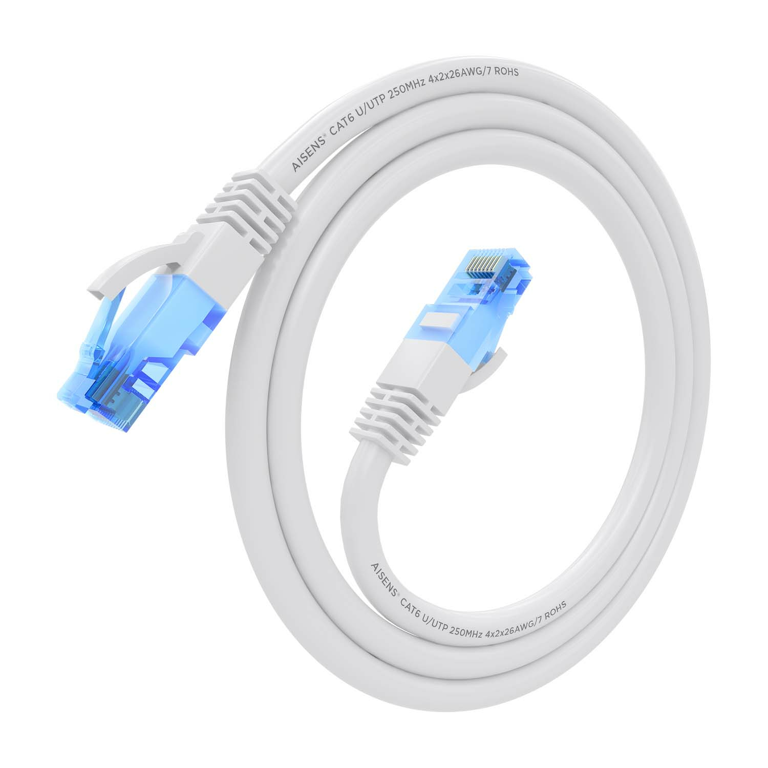 Cavo Ethernet bianco arrotolato con connettori blu su sfondo bianco.