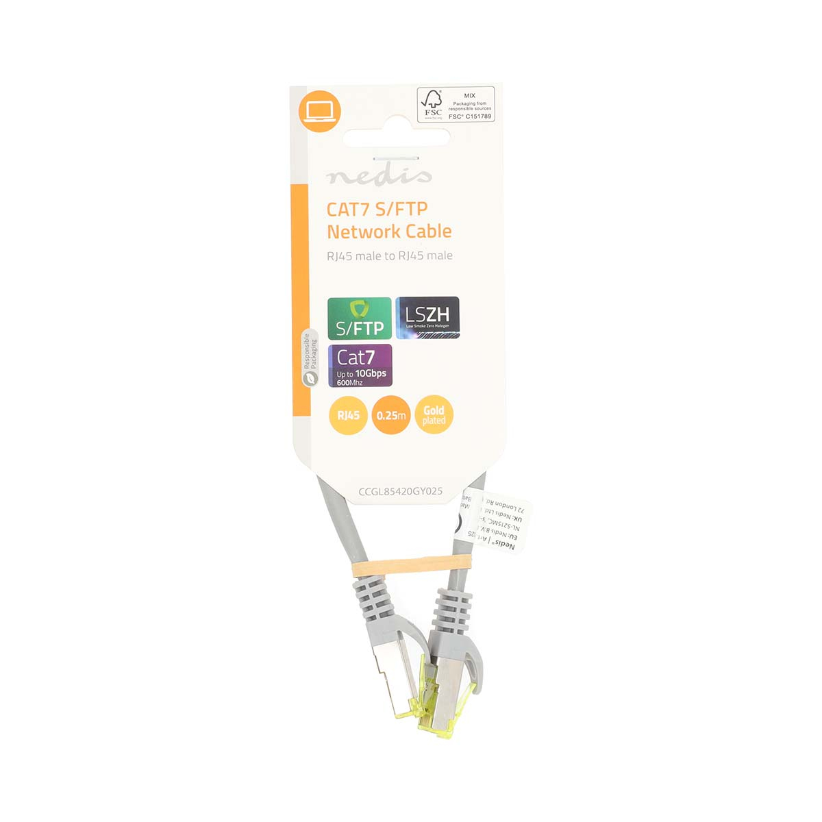 Confezione di cavo di rete CAT7 con cavo grigio e connettori RJ45.