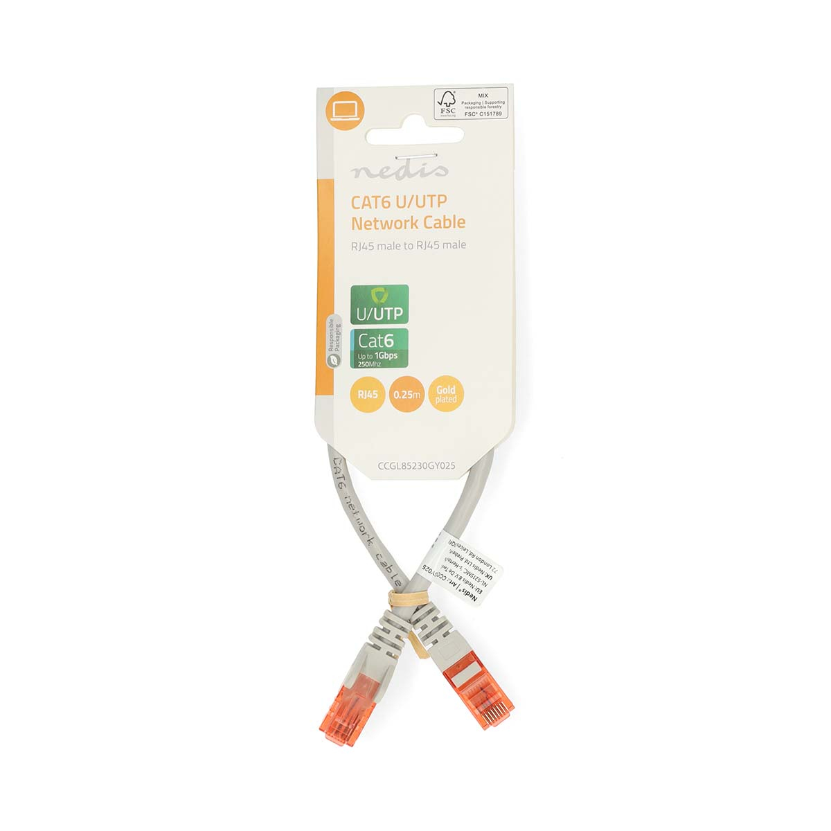 Netwerkkabel met verpakking. Verpakking met kabel en oranje connectoren.
