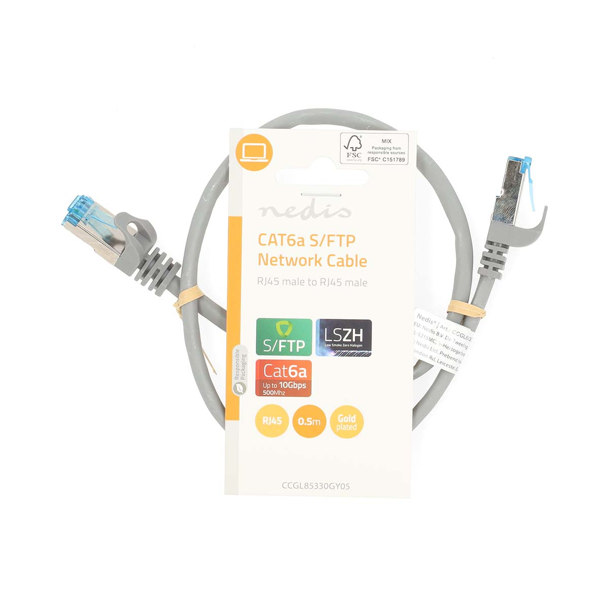 Cavo di rete Nedis CAT6a S/FTP. Confezionato. Connettori RJ45. Placcato oro. Cavo grigio.