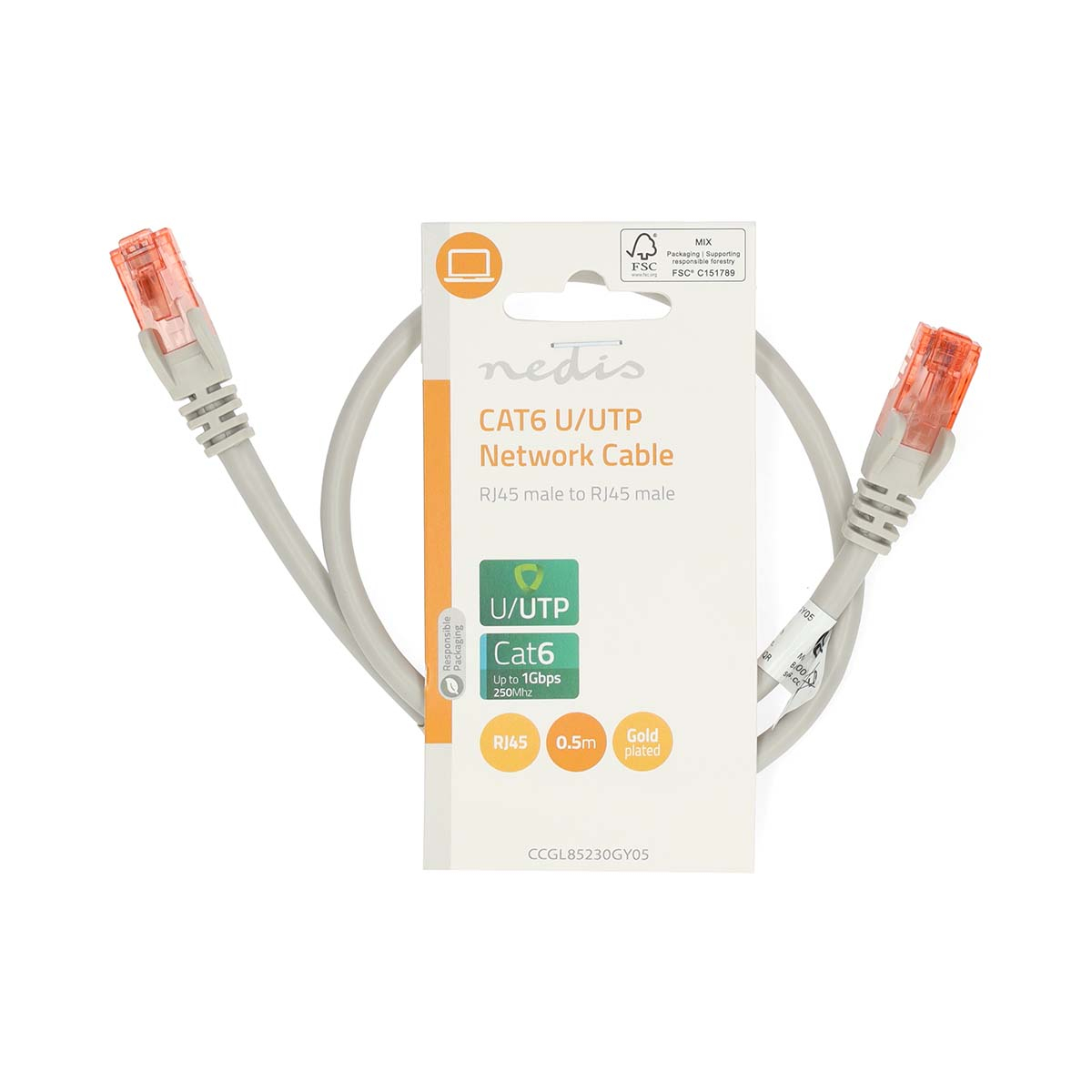 Câble réseau dans son emballage. Emballage en carton avec câble et connecteurs orange.