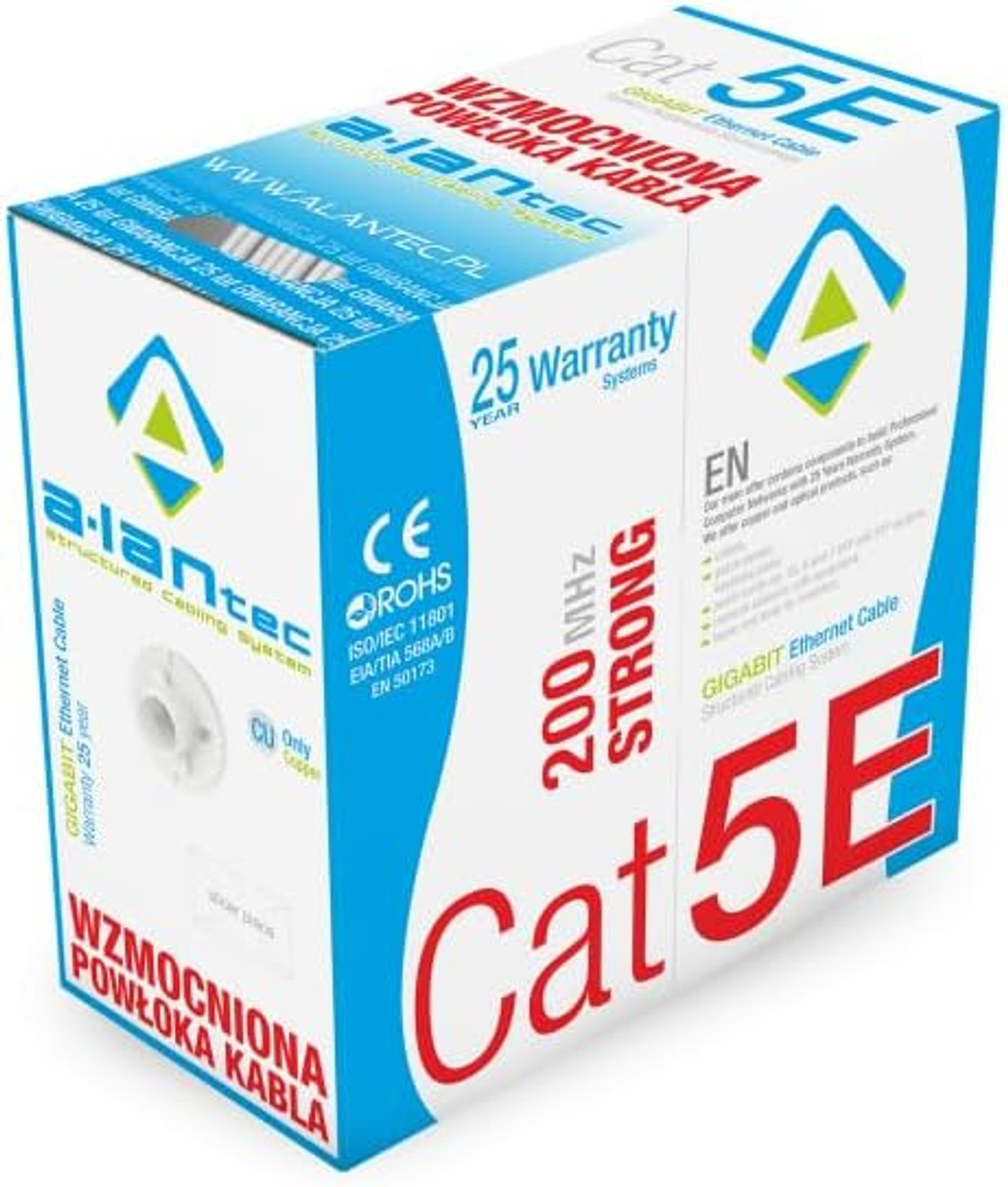 Pudełko kabla ethernet Cat 5E z tekstem i logo.