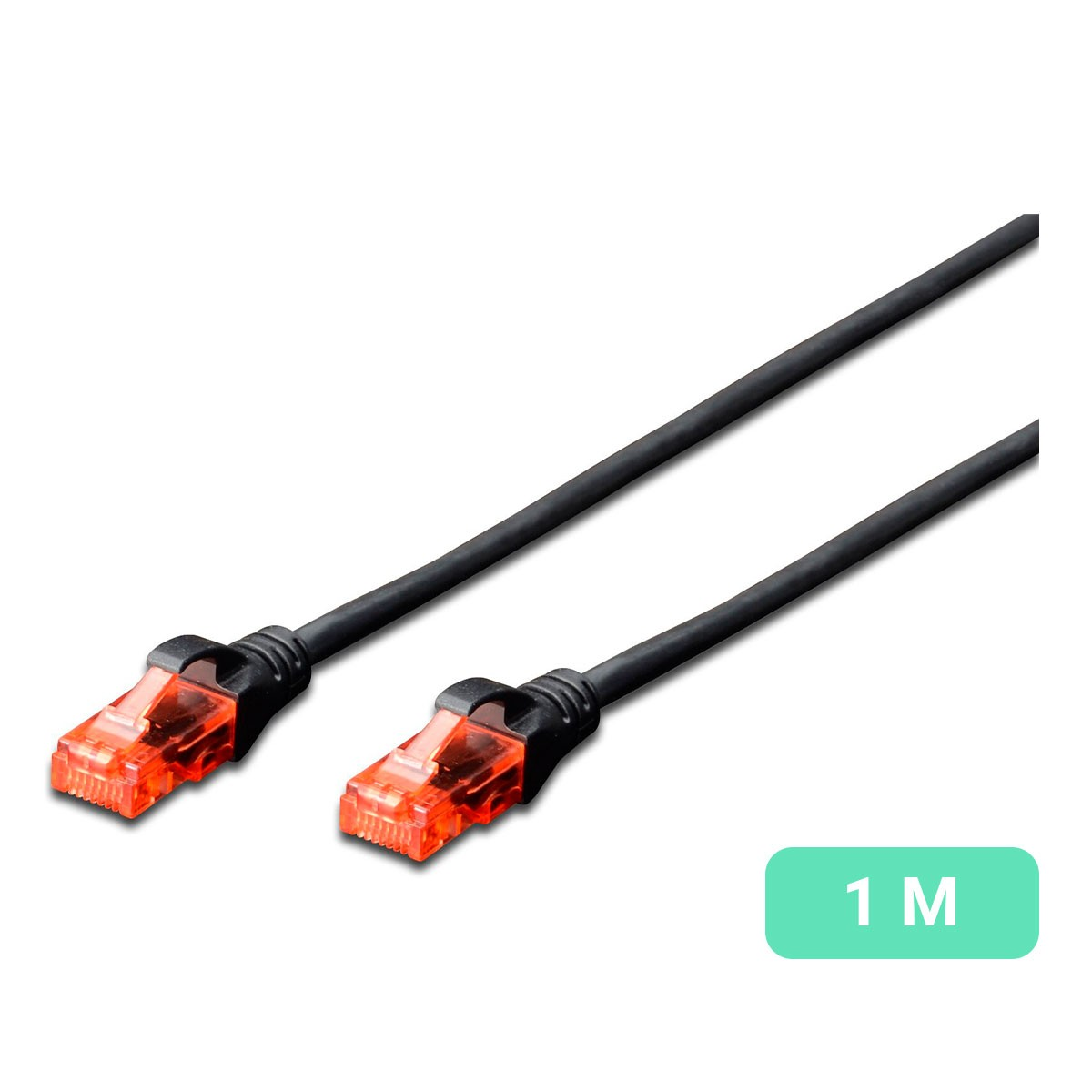 Cavo Ethernet nero con connettori arancioni su sfondo bianco, etichetta 1M.