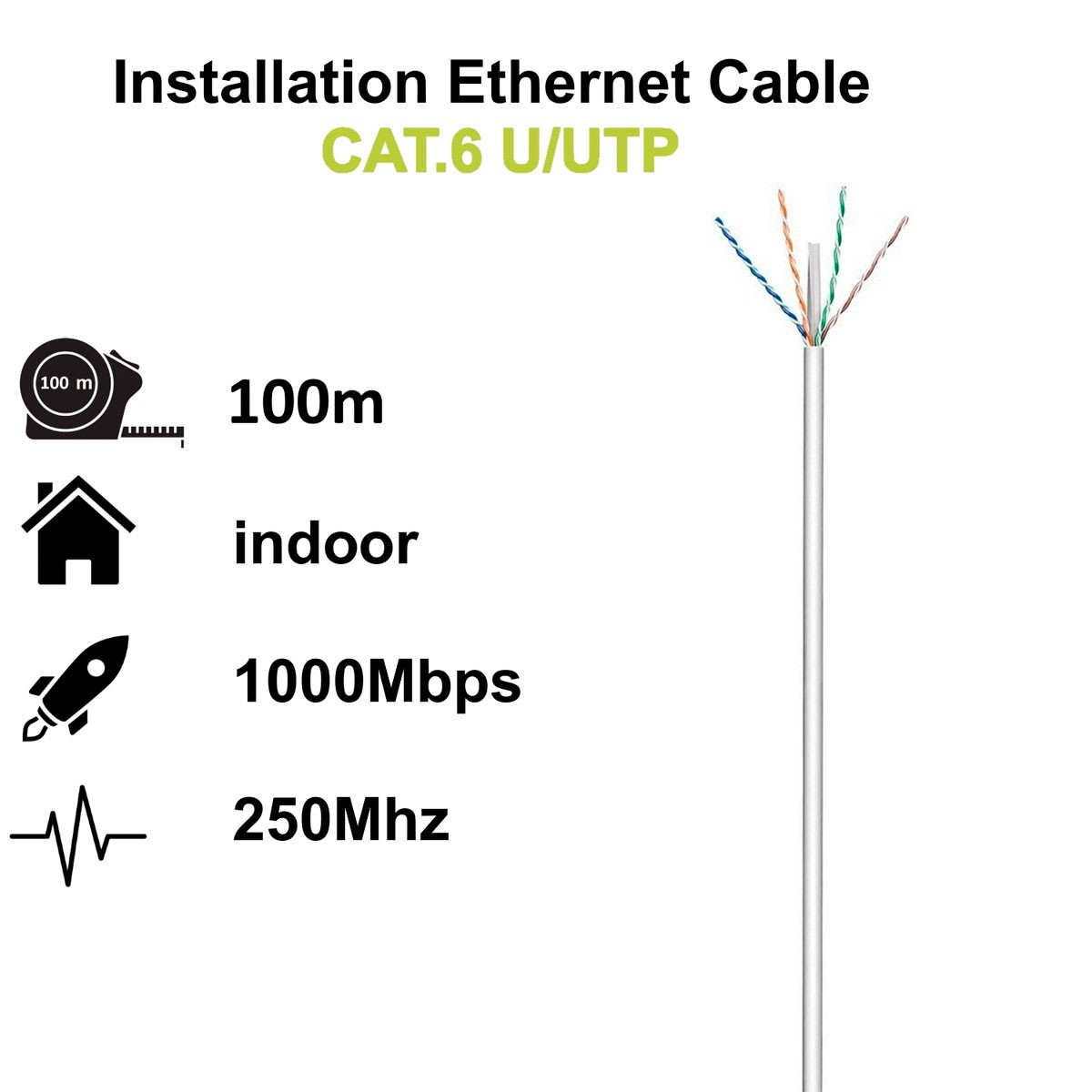 Un cavo Ethernet con testo e icone, sfondo bianco.