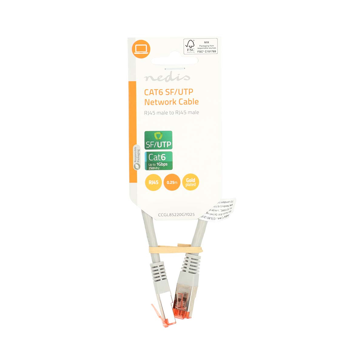 Un cavo di rete bianco nella sua confezione. La confezione indica 'CAT6 SF/UTP Network Cable'.