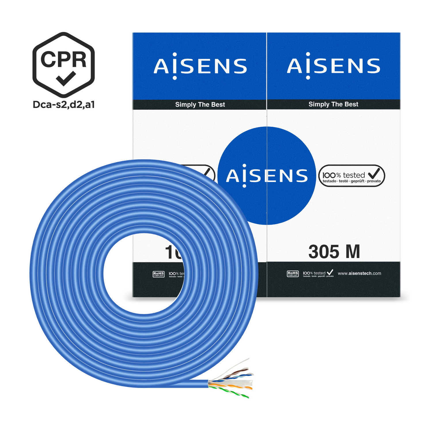 Cavo di rete blu arrotolato. Testo bianco a destra. Testo: AISENS.