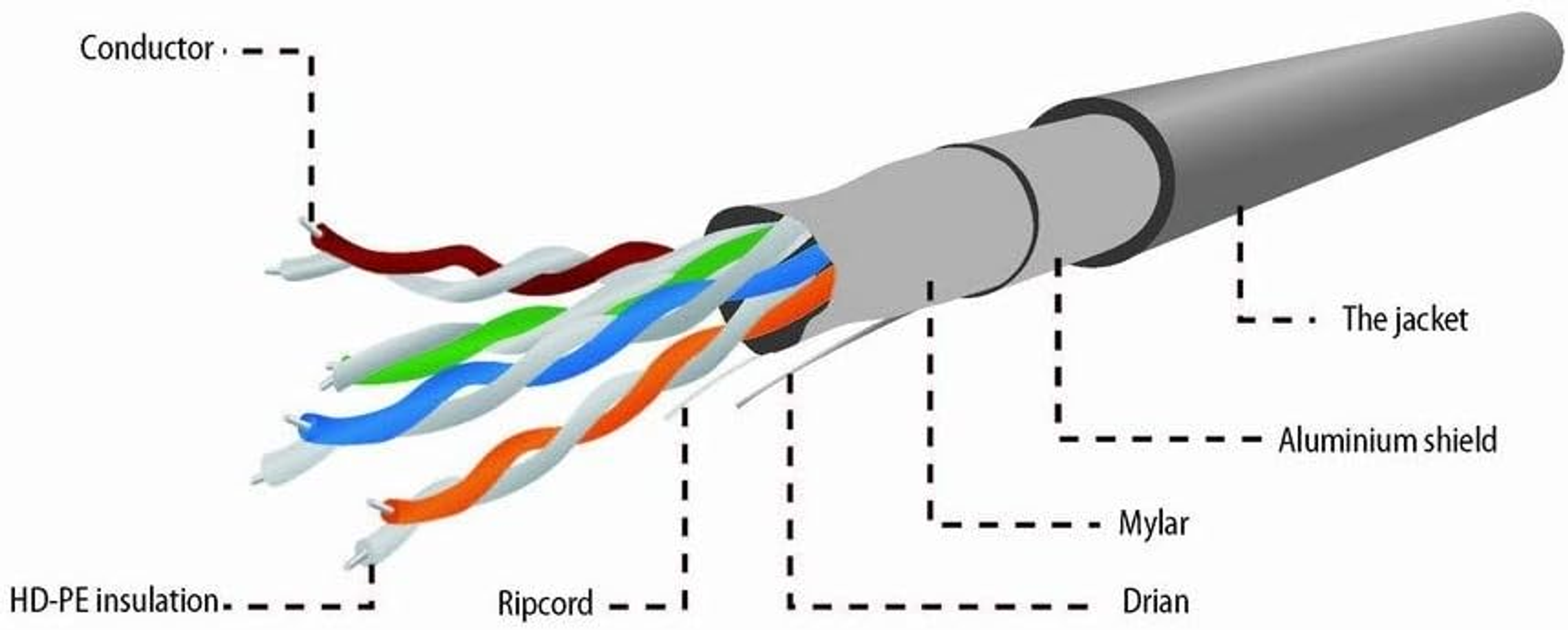 Diagramma di un cavo Ethernet con componenti etichettati come conduttore, guaina e schermatura.