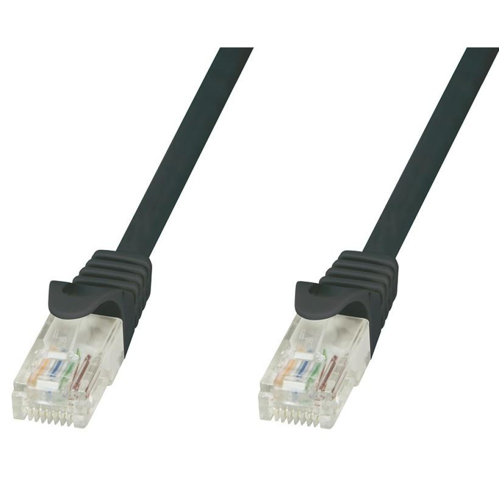 Deux câbles Ethernet noirs avec des connecteurs, inclinés sur fond blanc.