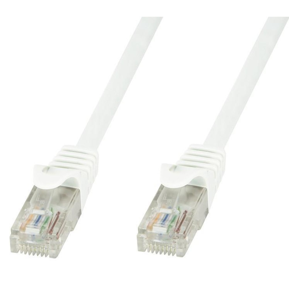 Due cavi di rete bianchi con connettori RJ45, sfondo bianco.