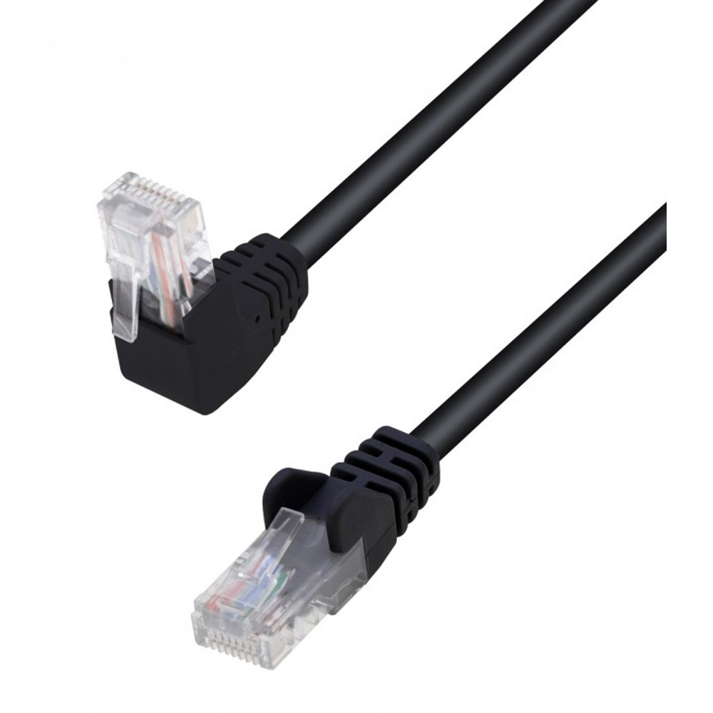 Due cavi di rete neri, connettori angolati, spine RJ45 trasparenti su fondo bianco.
